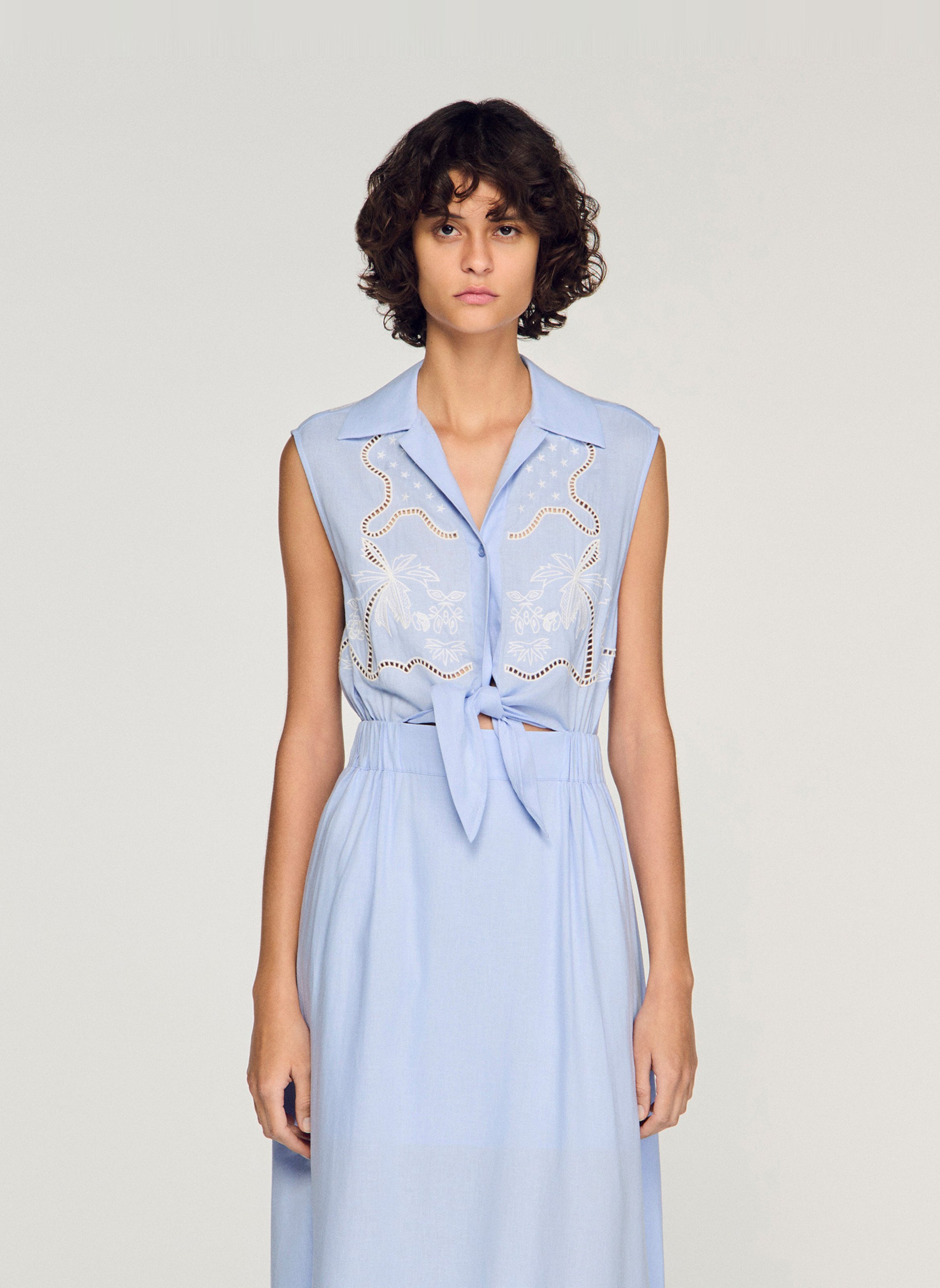 Lange jurk met klassieke kraag in gemengd linnen SANDRO Blauw