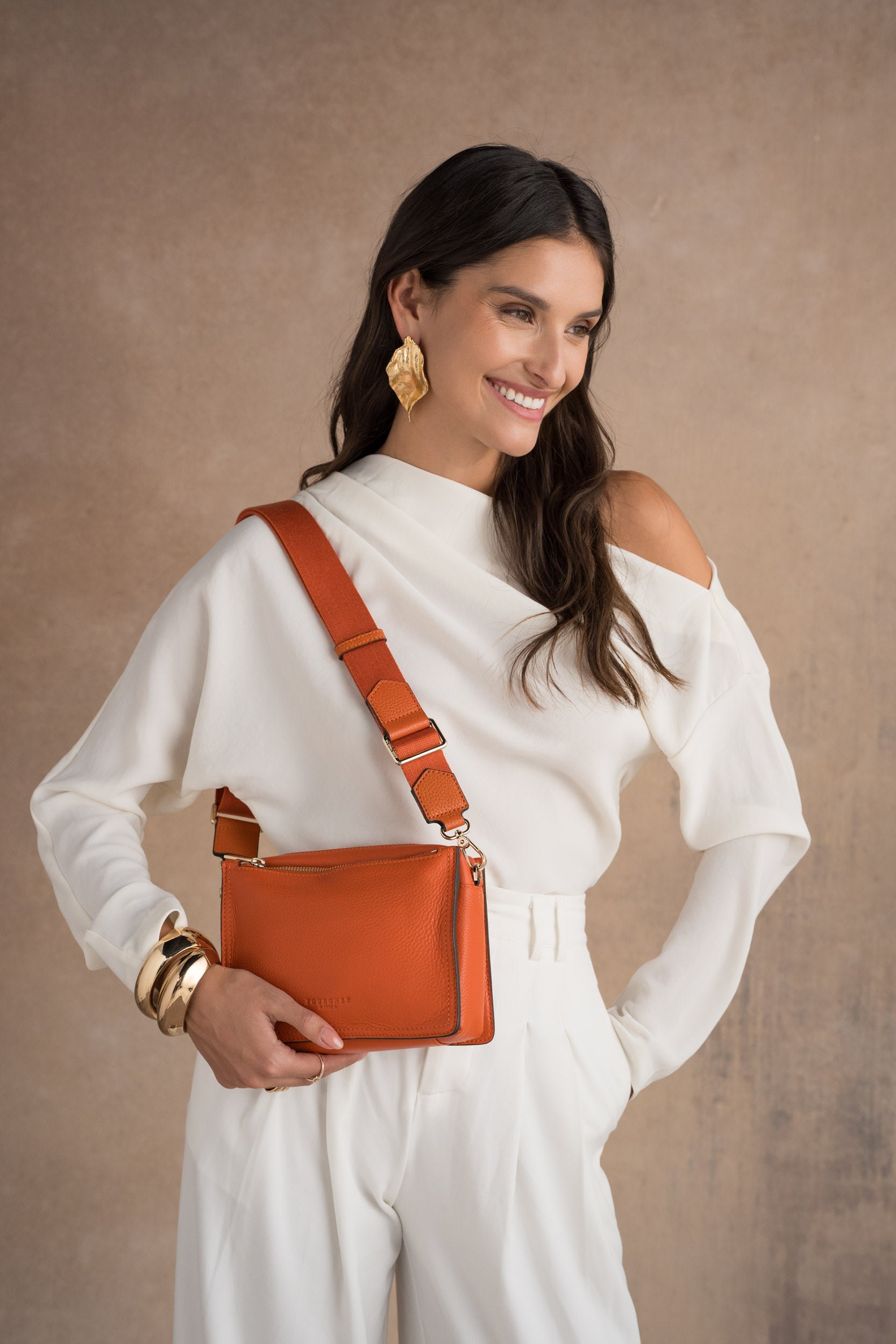 Large leather crossbody bag POURCHET Orange