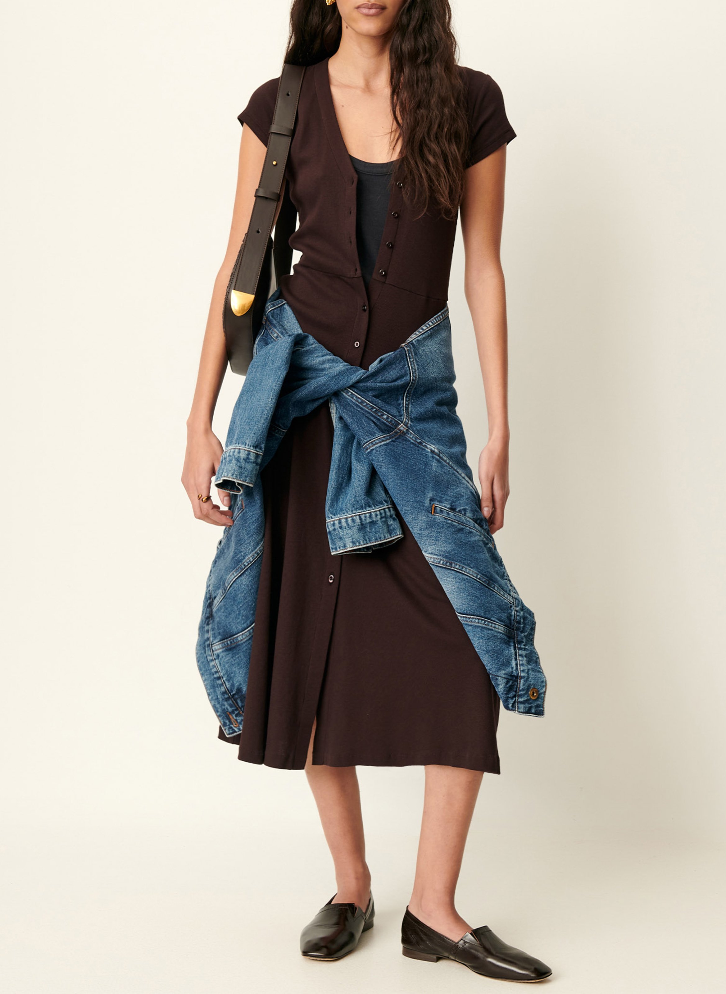 Robe midi droite encolure V en coton bio mélangé SESSUN Marron