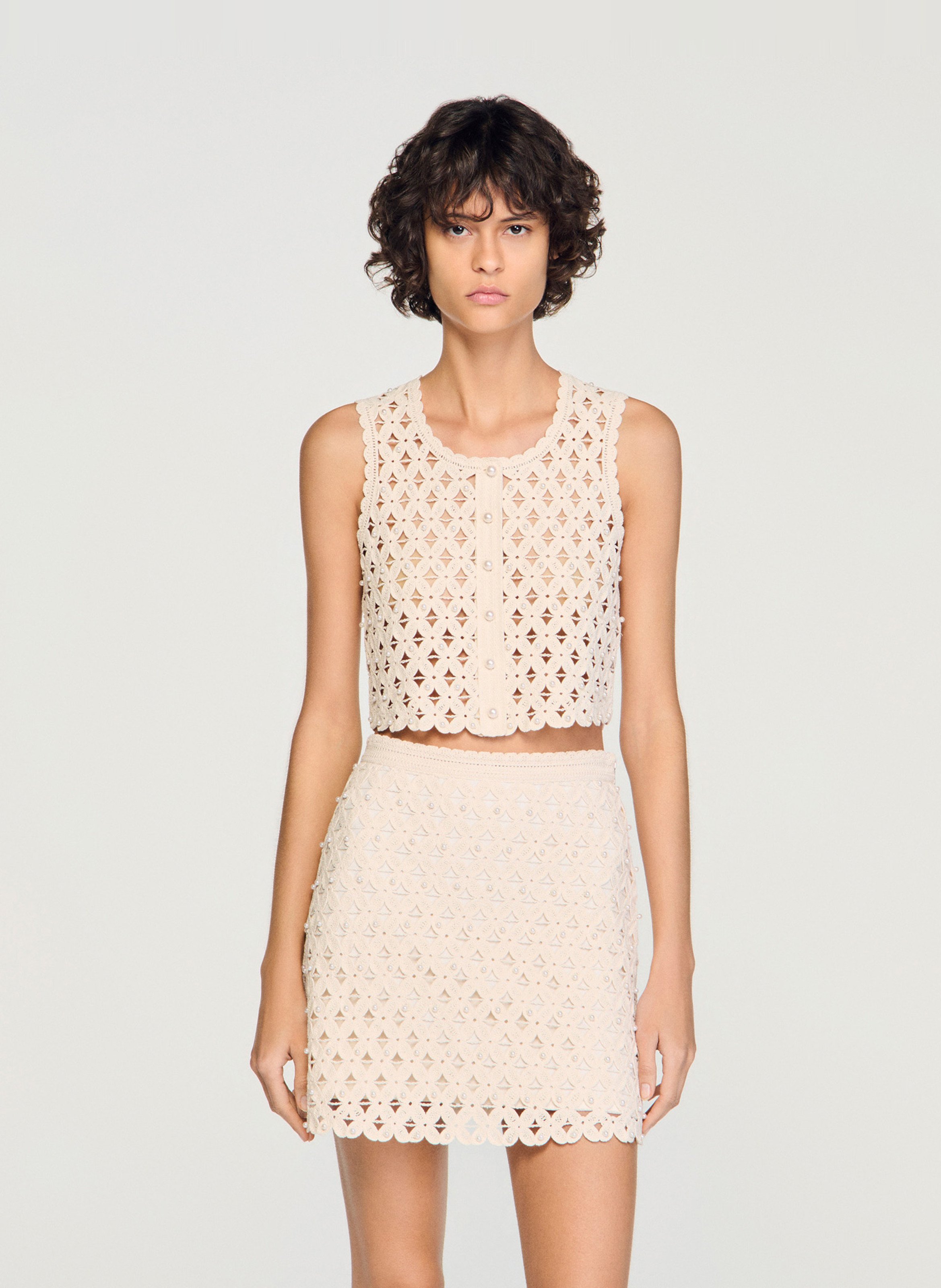 Ronde hals vest in haakwerk breisel SANDRO Beige