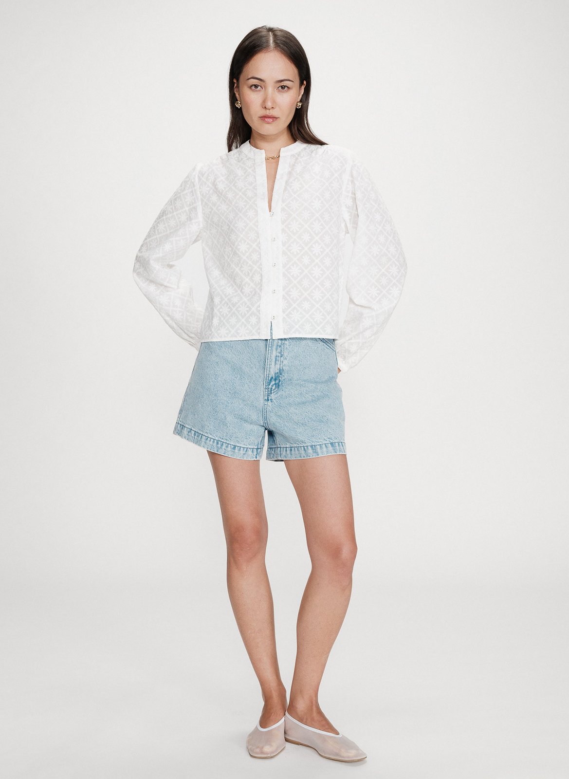 Rechte blouse met V-hals van geborduurd katoen GRACE ET MILA Wit