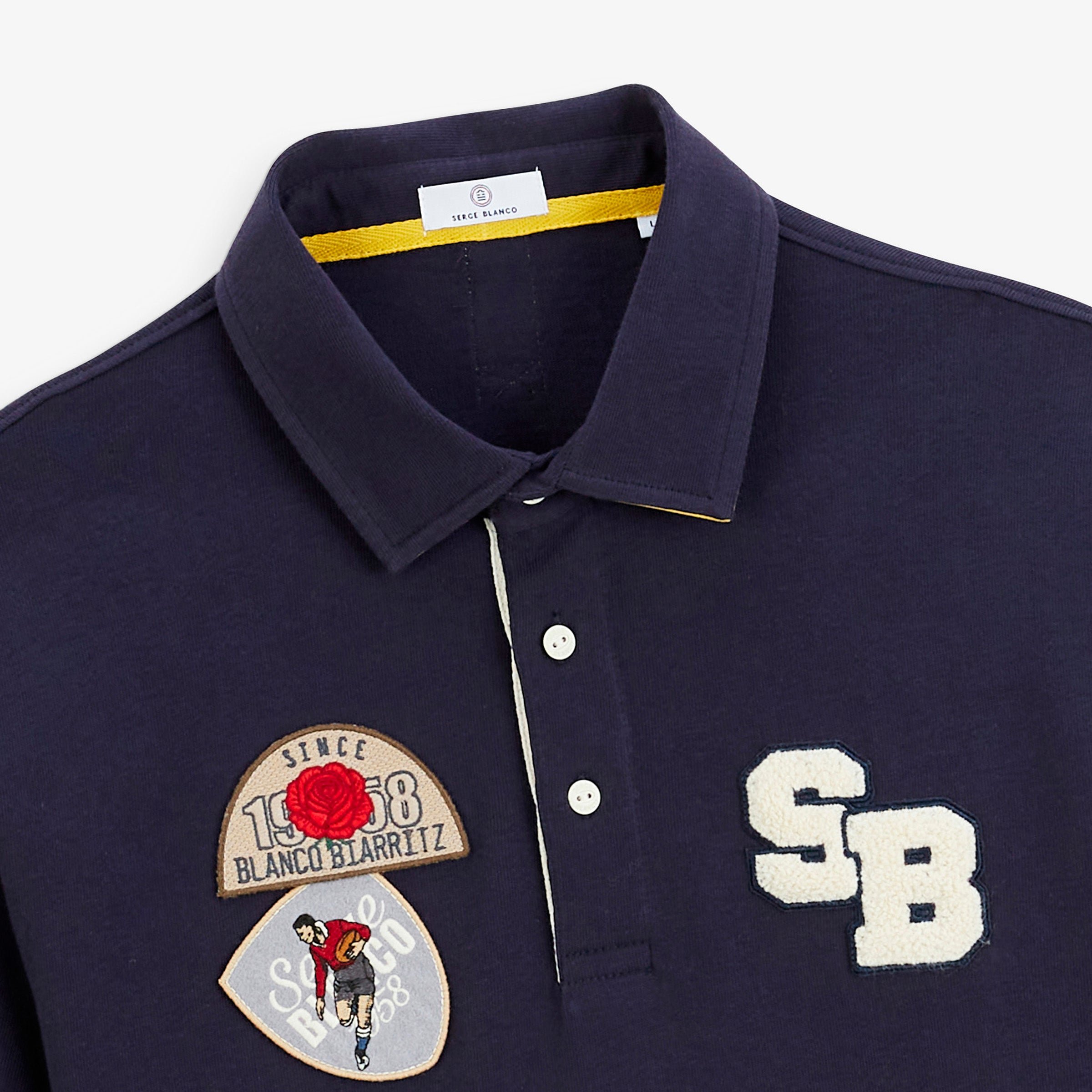 Navy blue long sleeve rugby polo with embroidered badges SERGE BLANCO Blue