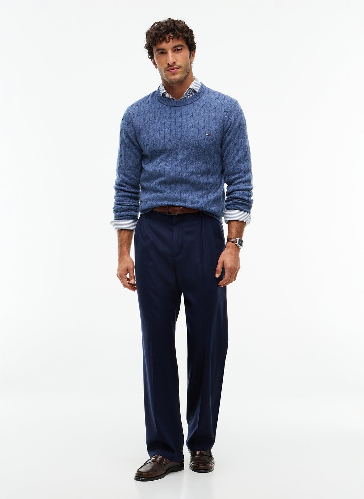 Pull col rond tressé en laine | Bleu TOMMY HILFIGER Homme