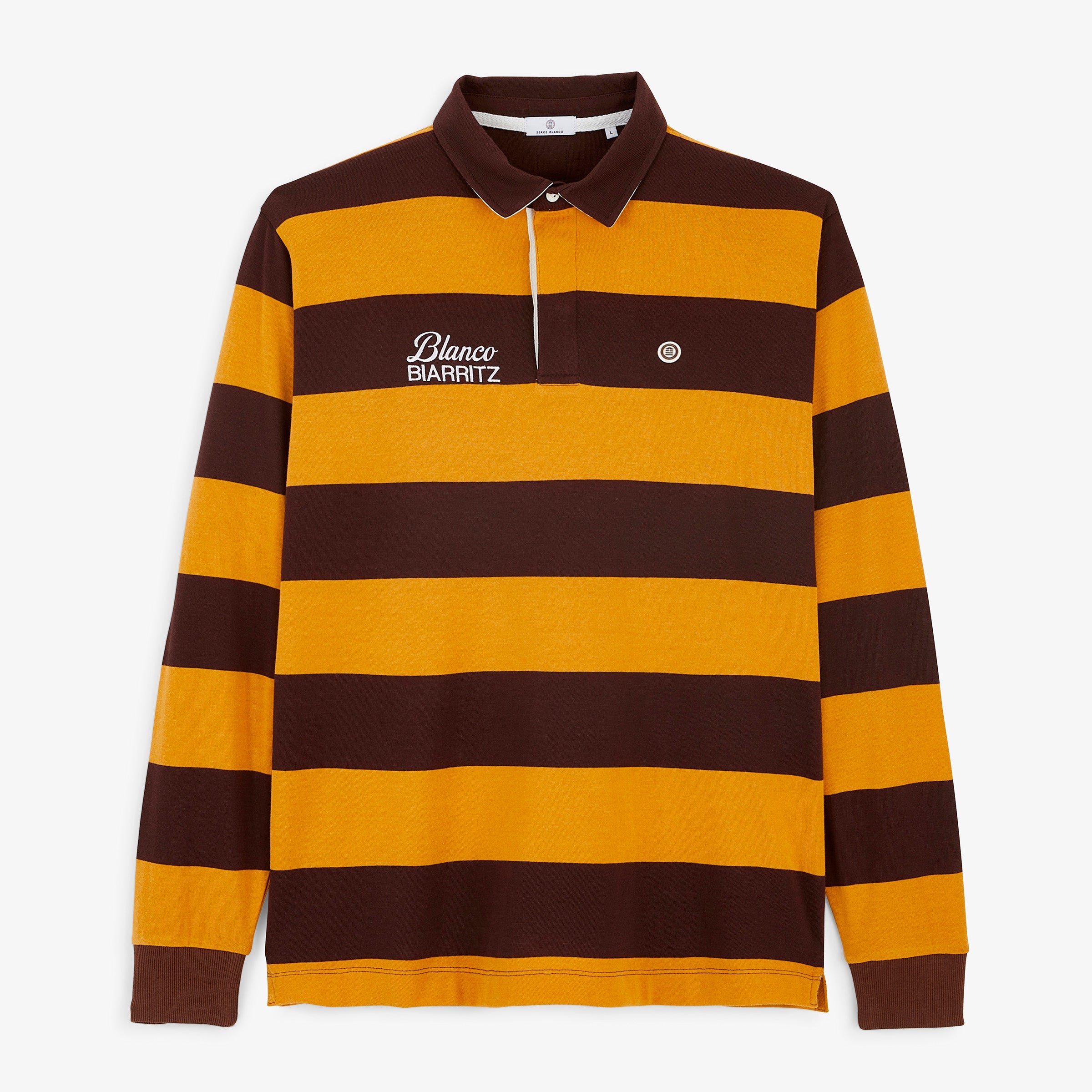 Brownie brown striped long-sleeved rugby polo shirt with BLANCO BIARRITZ embroidery SERGE BLANCO Brown