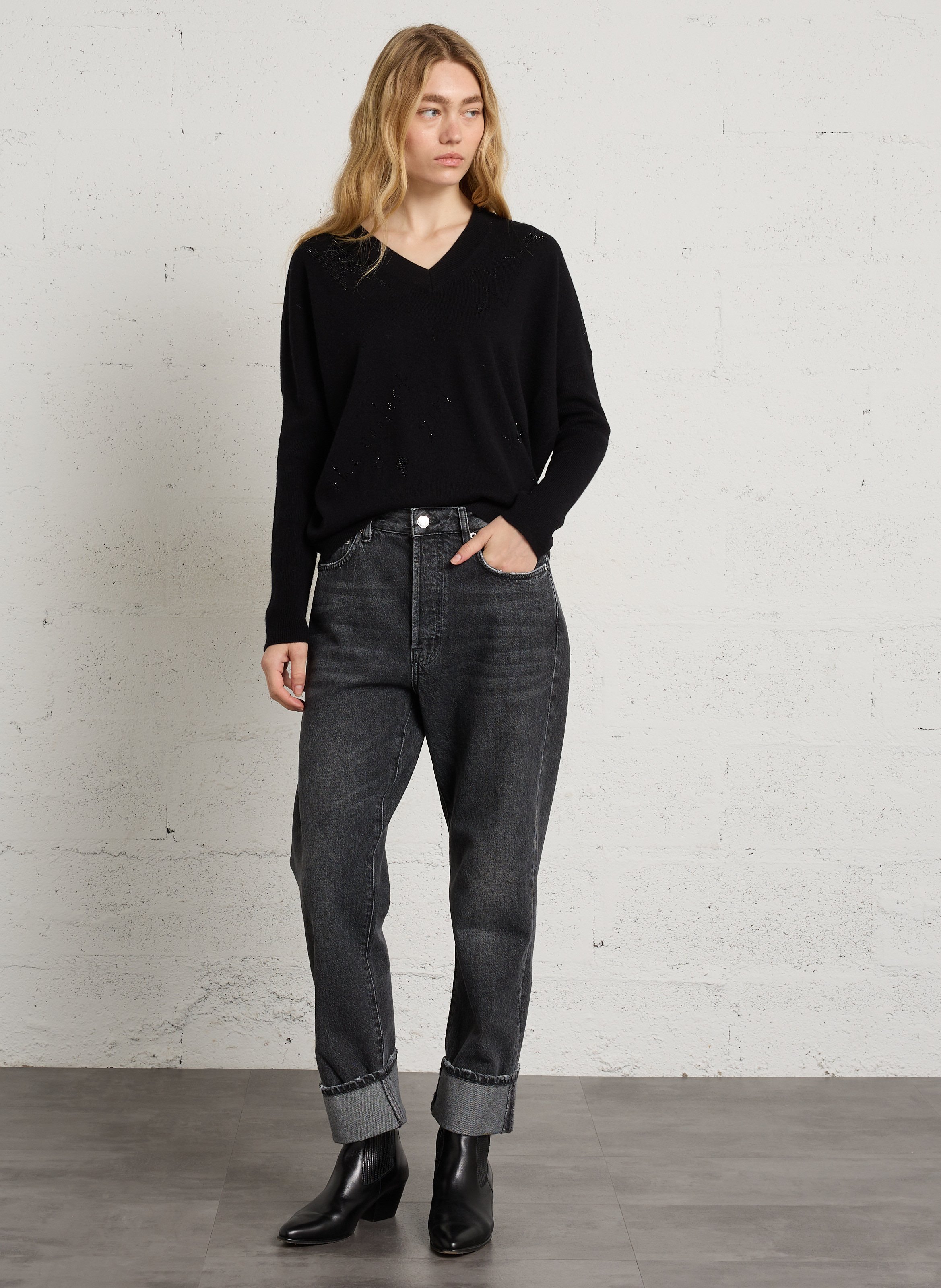 Loose-fit wool V-neck sweater with rhinestones BERENICE Black