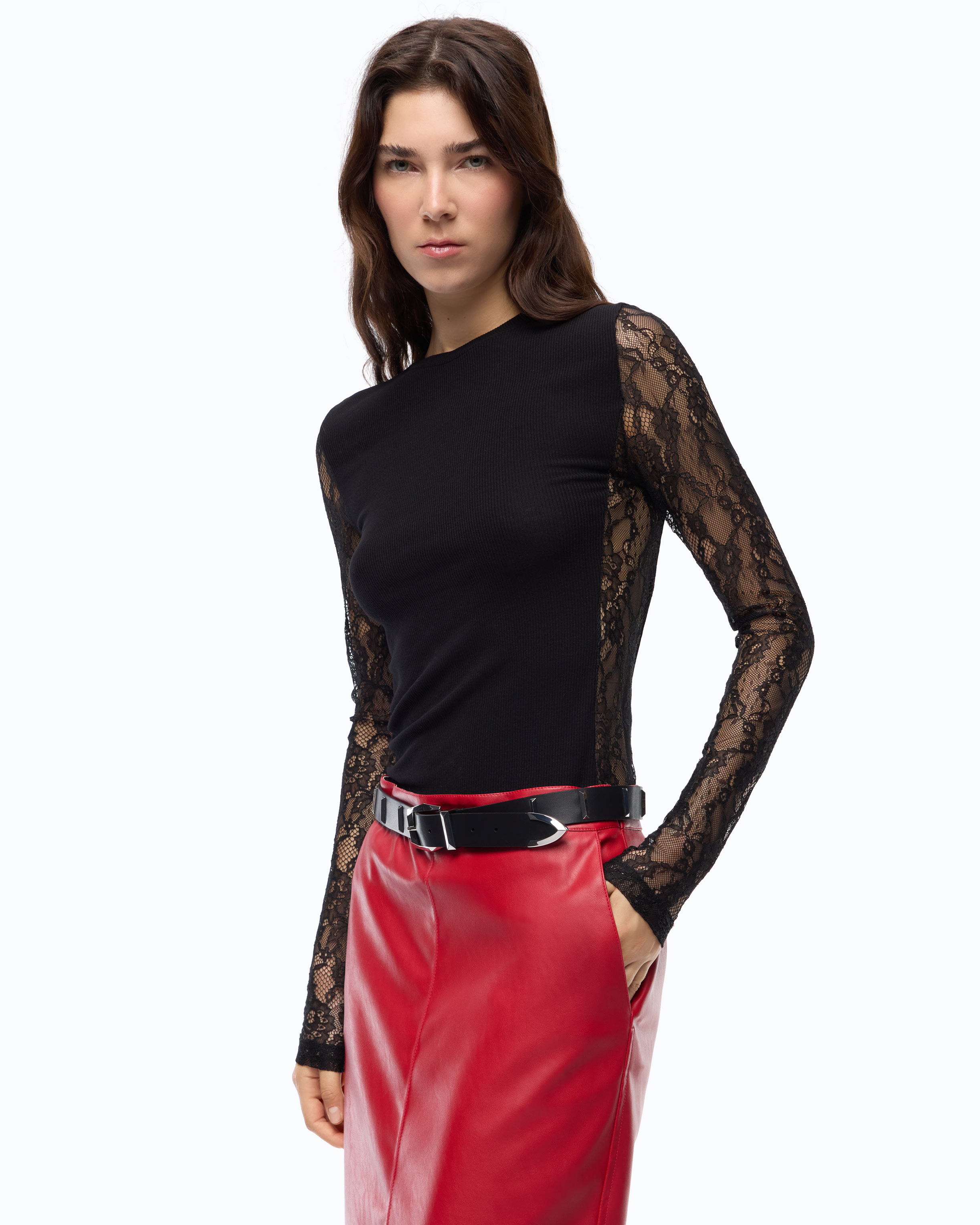 T-shirt côtelé avec manches en dentelle PINKO Noir