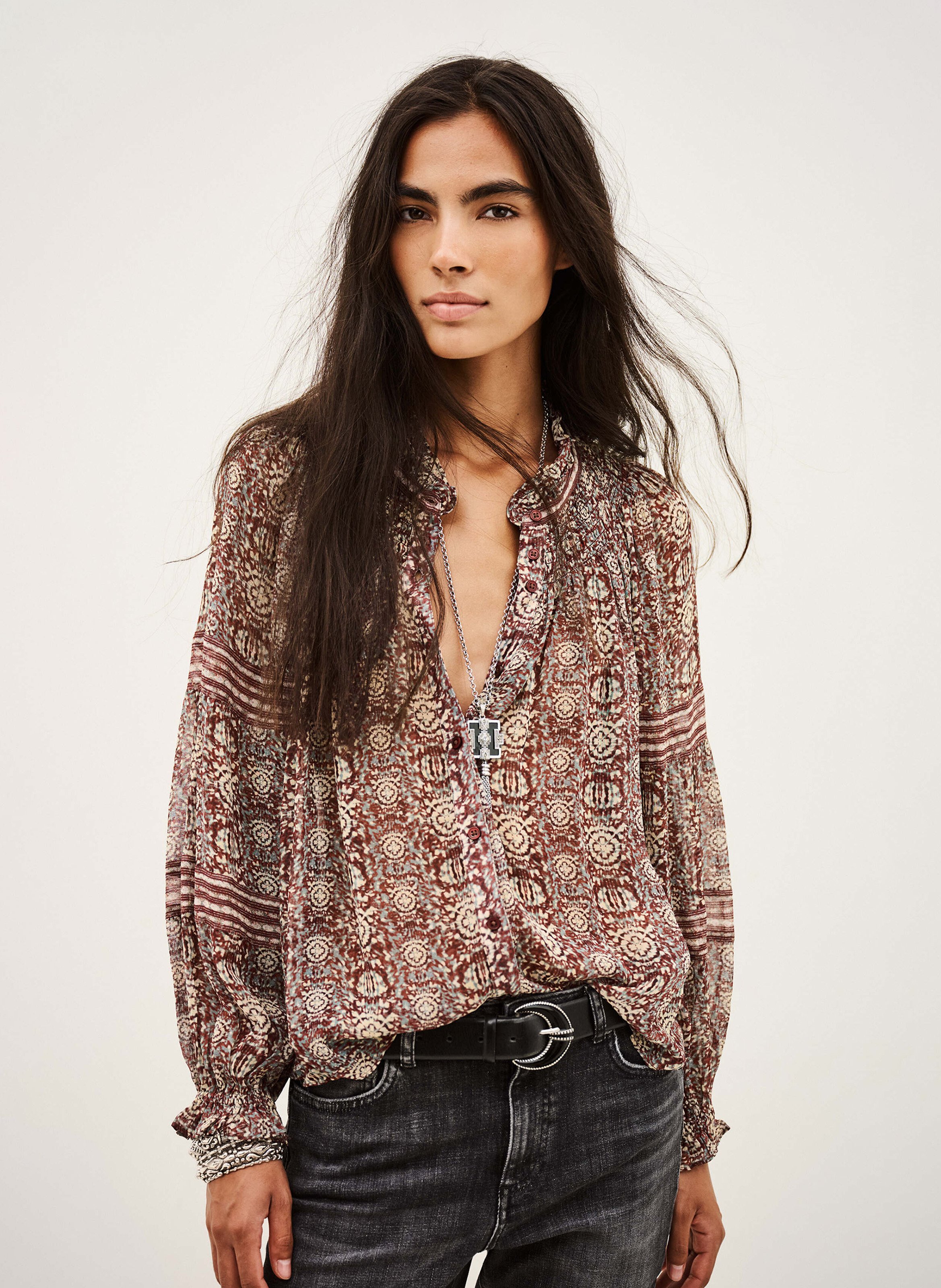Wijdvallende blouse met Mao-kraag en print. BA&SH Paars