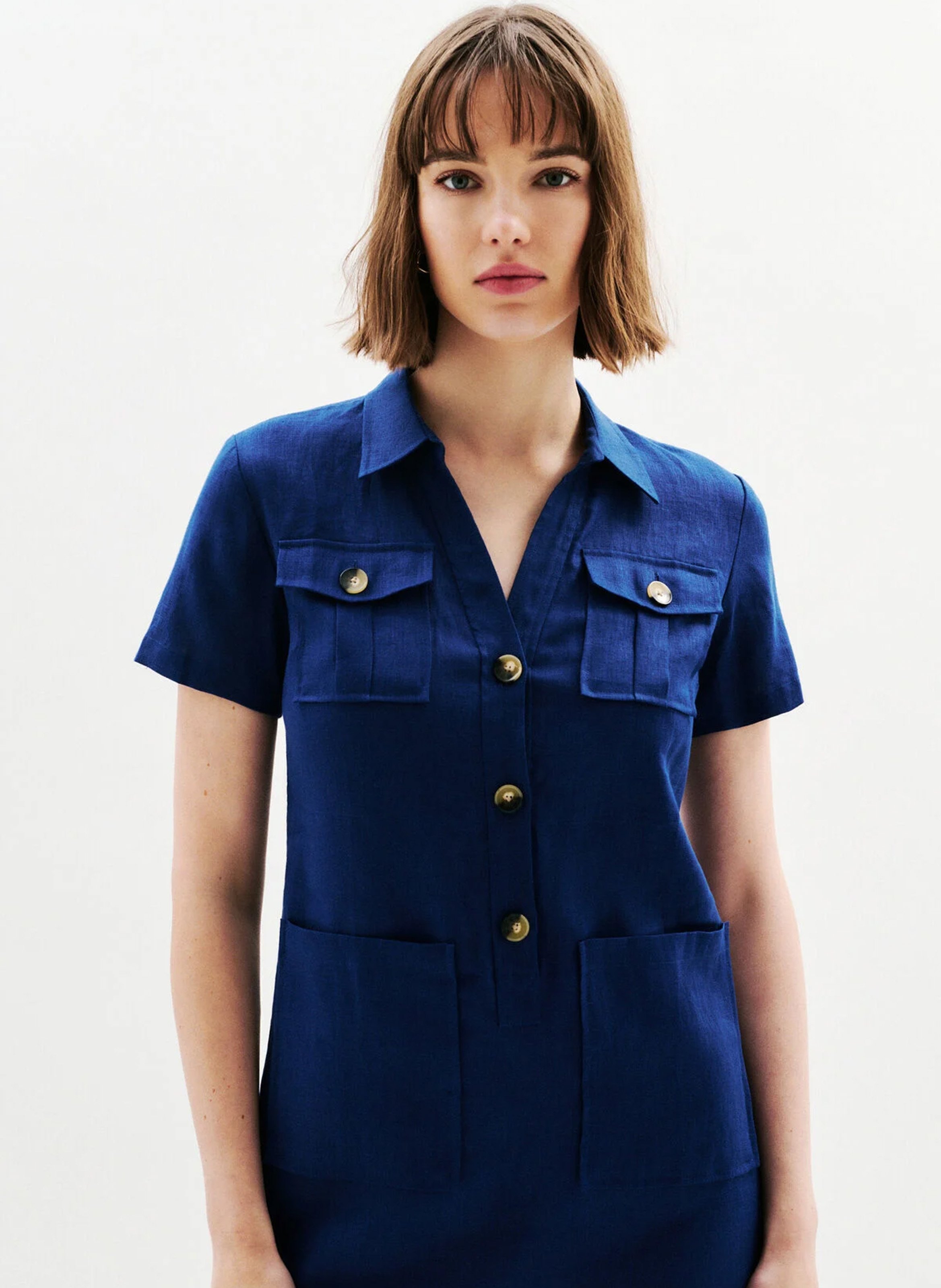 Robe courte droite boutonnée en lin CAROLL Bleu