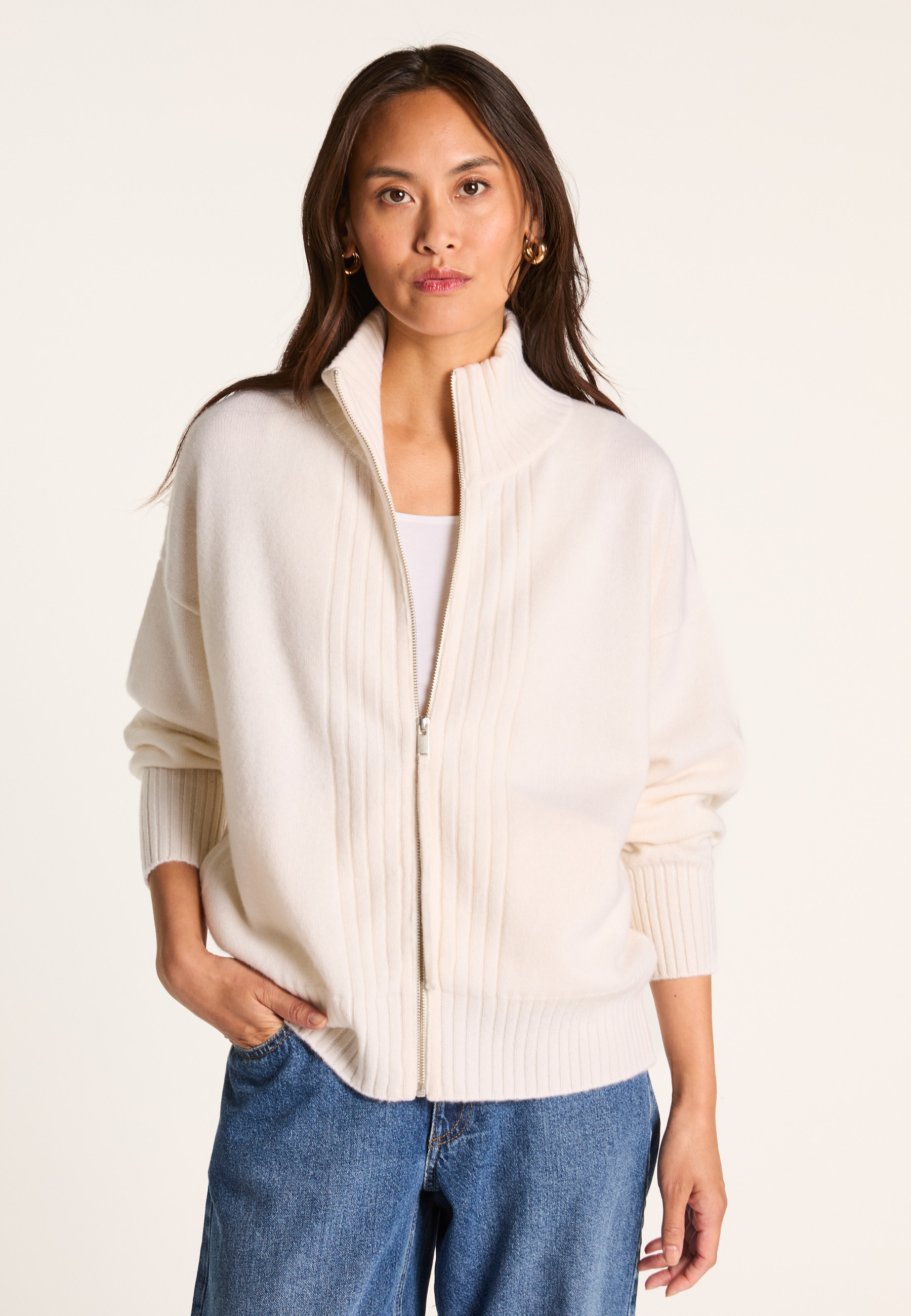 Zipped cashmere cardigan MAISON MONTAGUT White