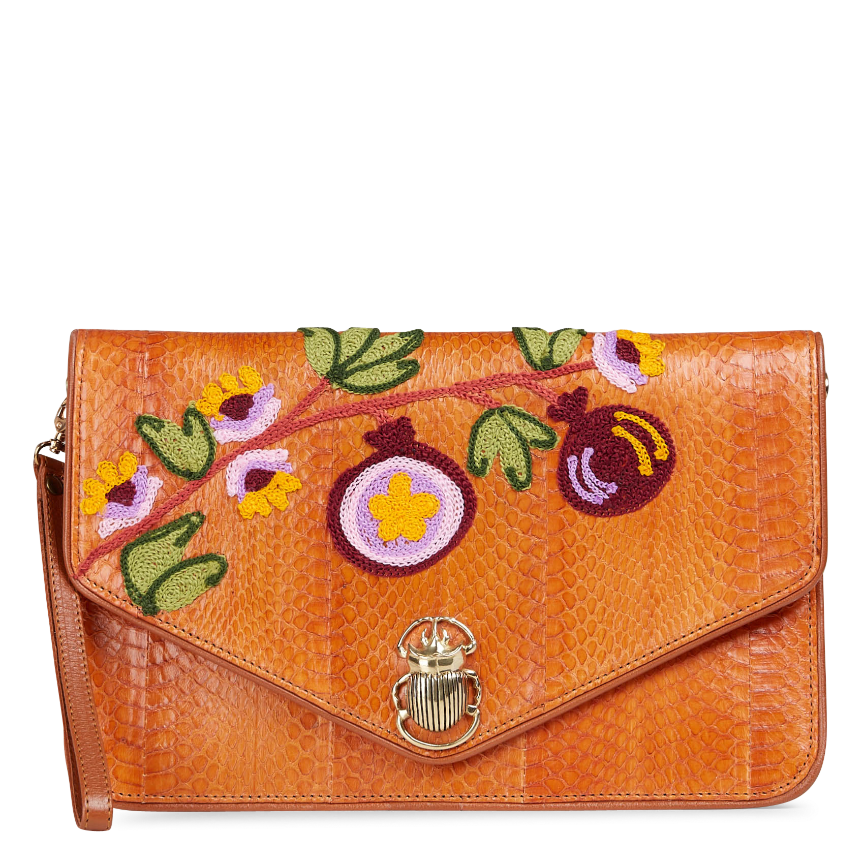 Embroidered python soft clutch CLARIS VIROT Brown