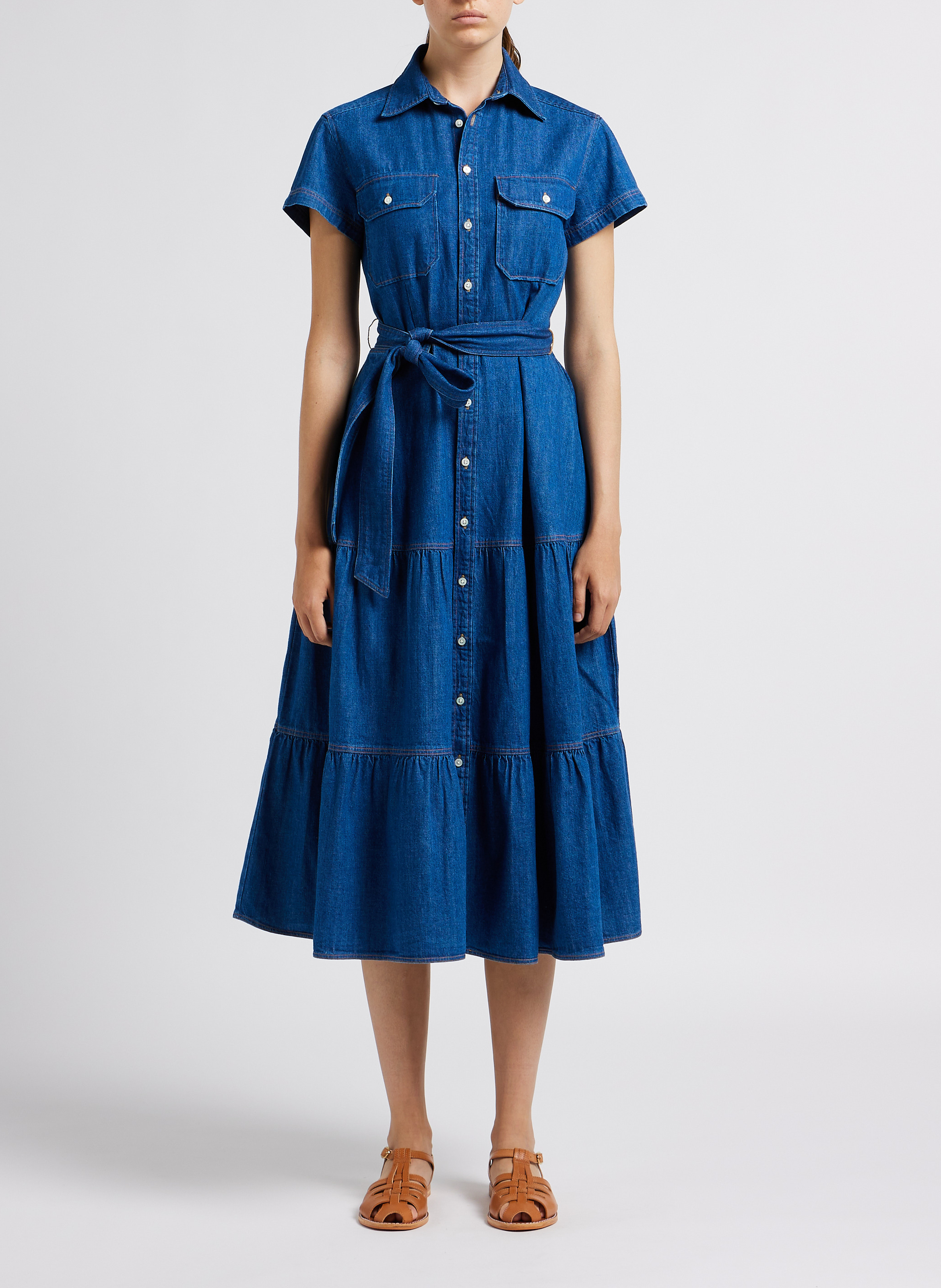 Robe longue col classique cintrée en denim POLO RALPH LAUREN Jean brut