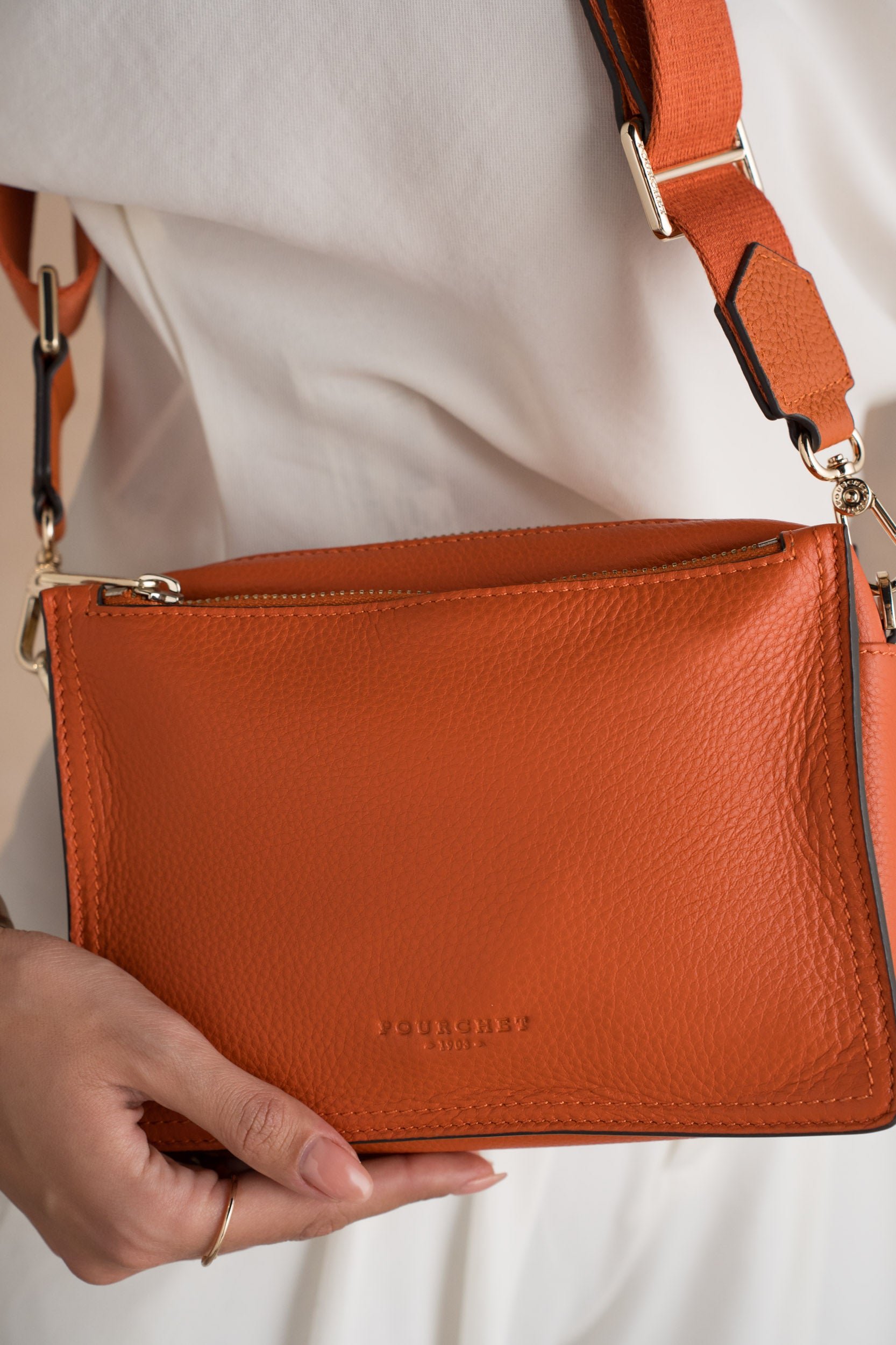 Large leather crossbody bag POURCHET Orange