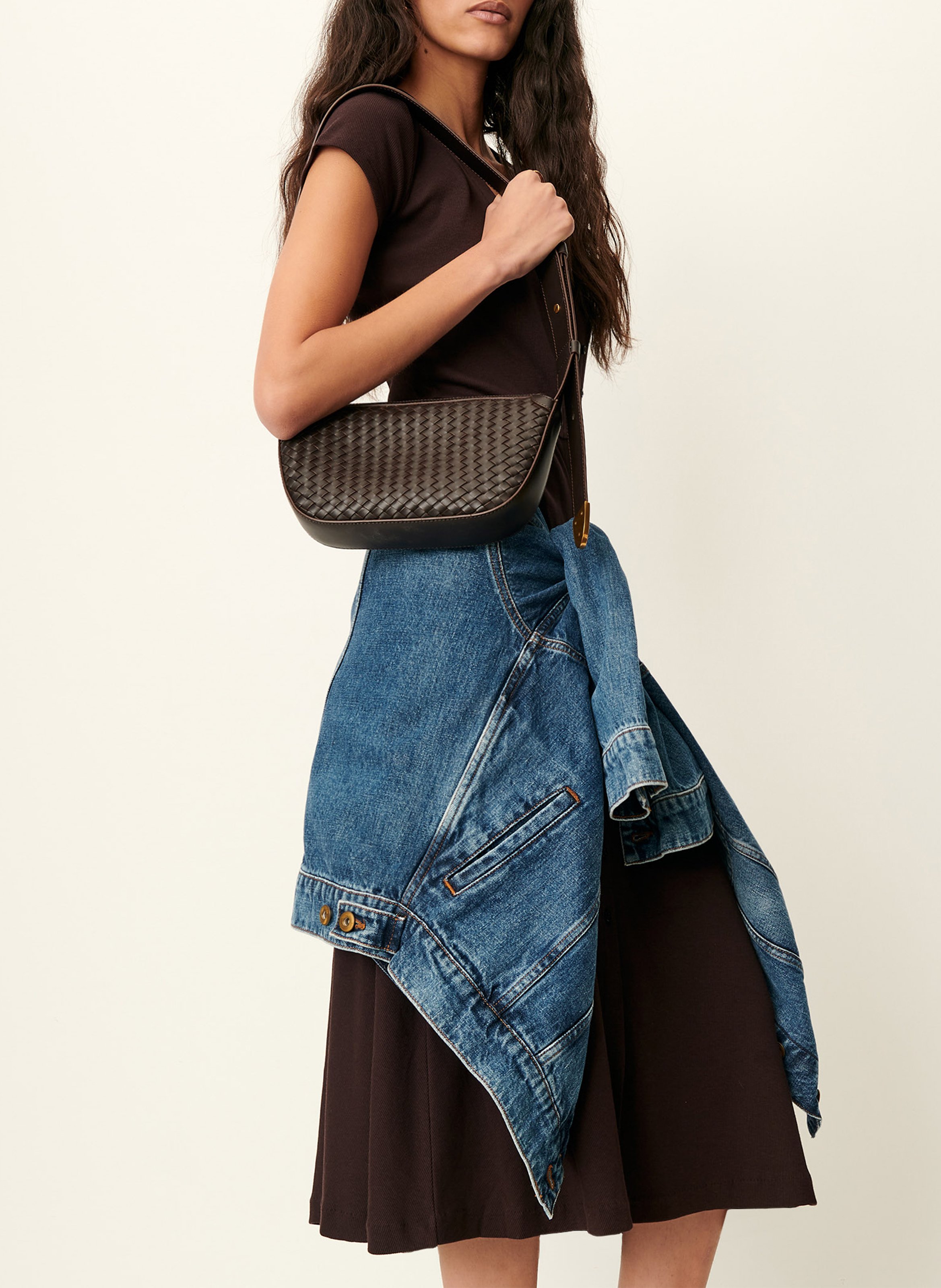 Robe midi droite encolure V en coton bio mélangé SESSUN Marron