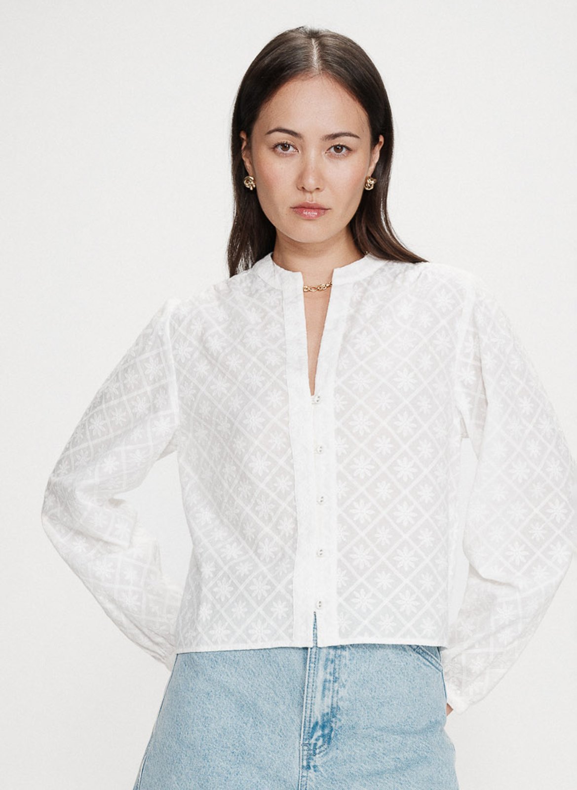 Rechte blouse met V-hals van geborduurd katoen GRACE ET MILA Wit