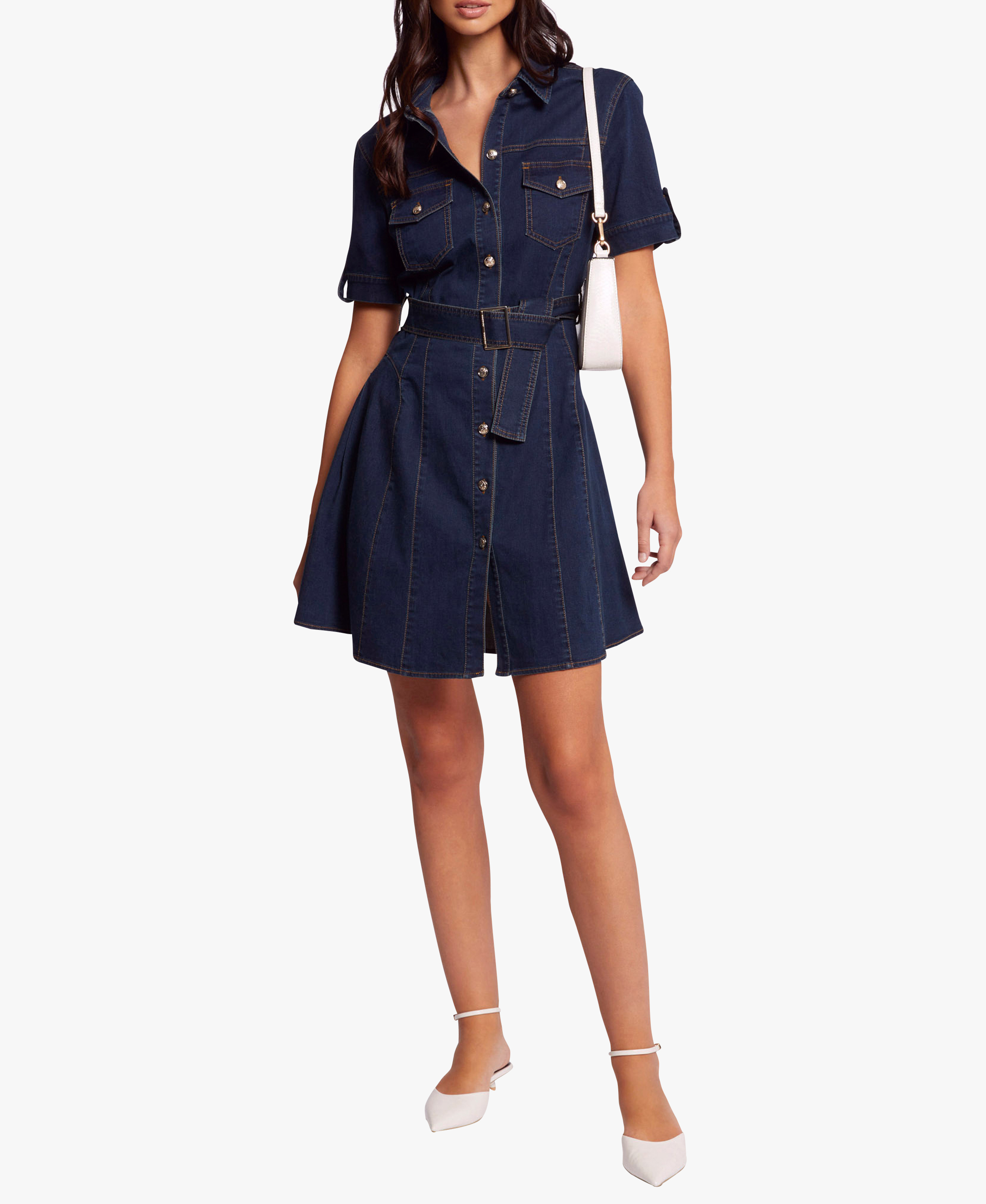 Tailliertes Kurzkleid aus Baumwoll-Mix mit klassischem Kragen MORGAN Blau