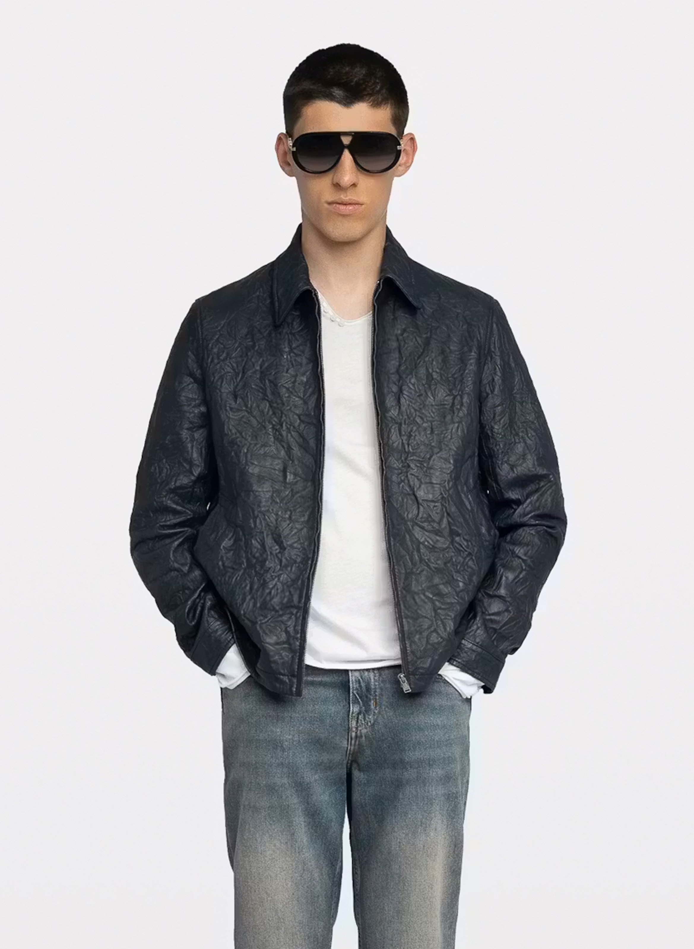 Veste droite zippée froissée en cuir ZADIG&VOLTAIRE Bleu