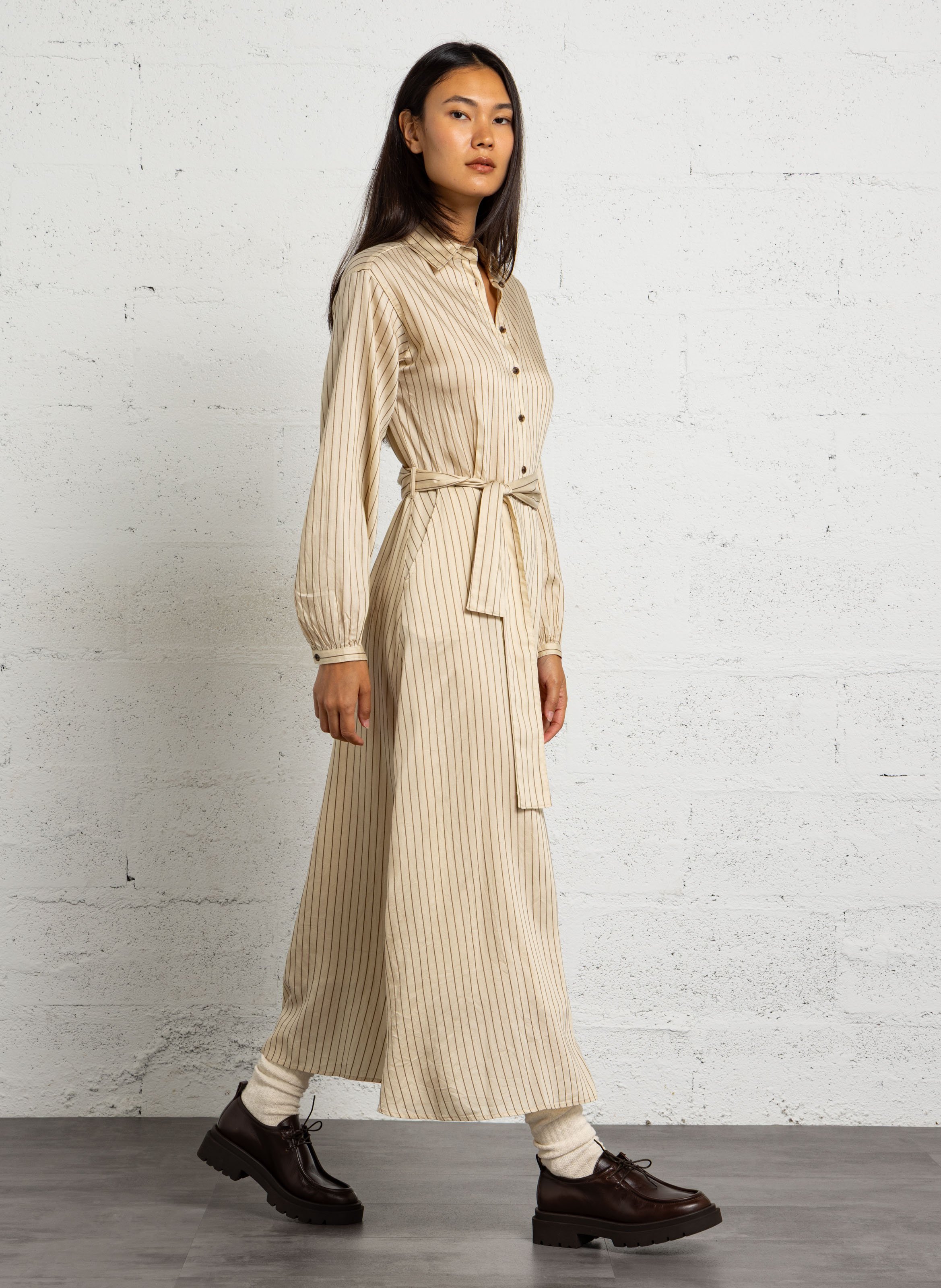 Robe cintrée col classique à rayures DIEGA Beige