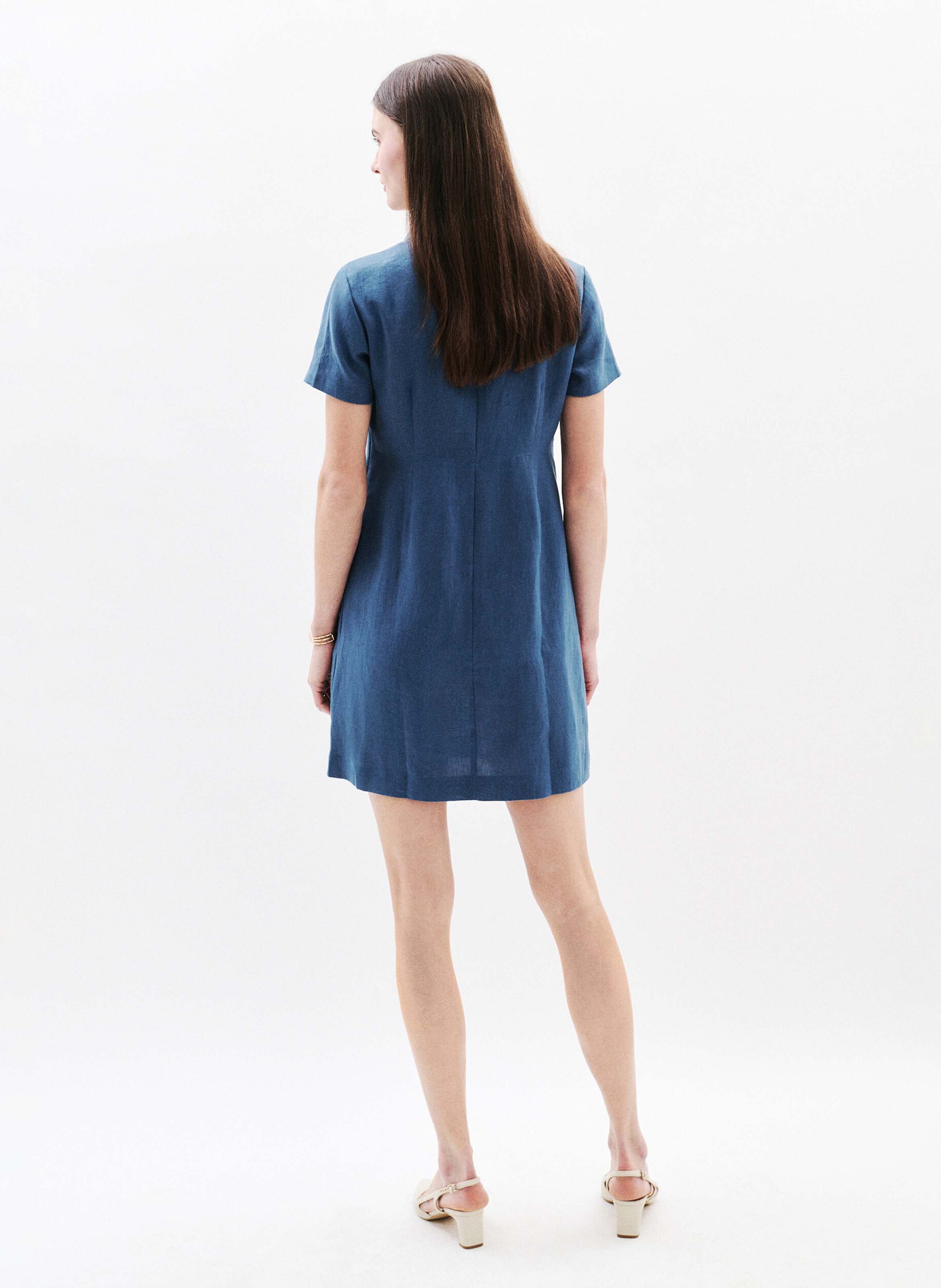 Short linen dress with classic collar CAROLL Blue