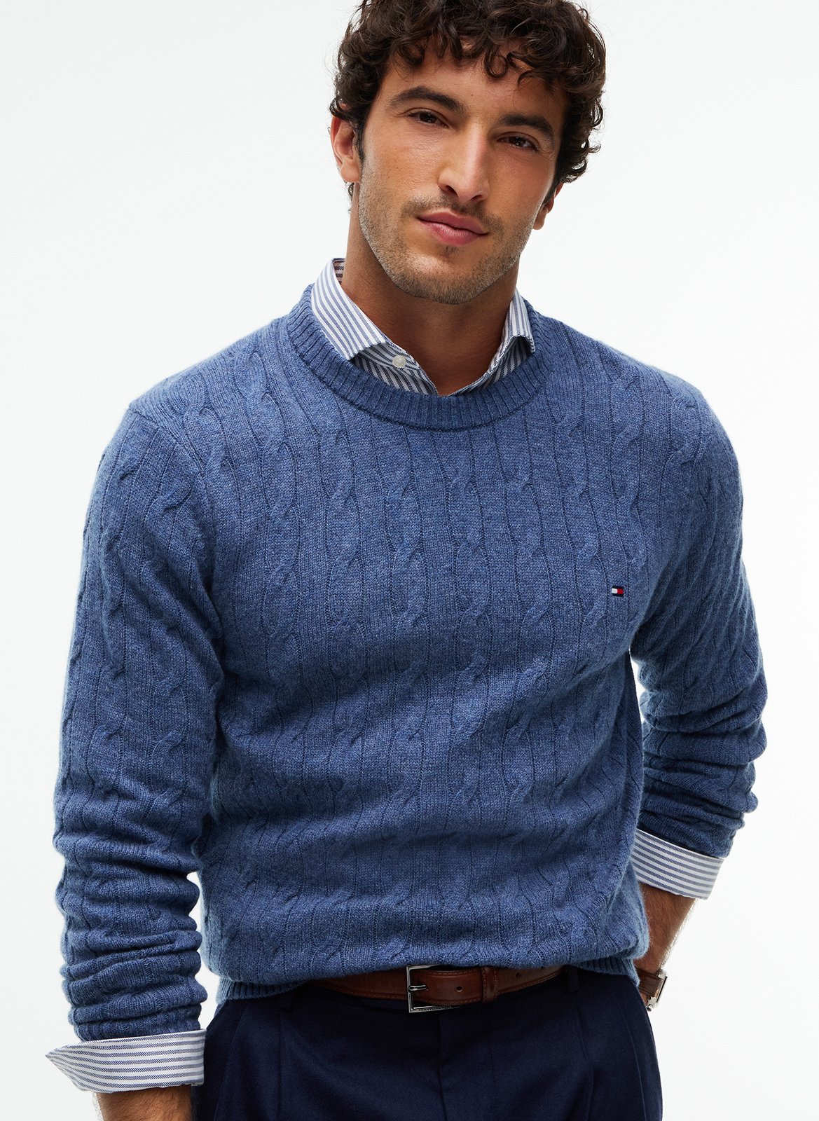 Pull col rond tressé en laine | Bleu TOMMY HILFIGER Homme
