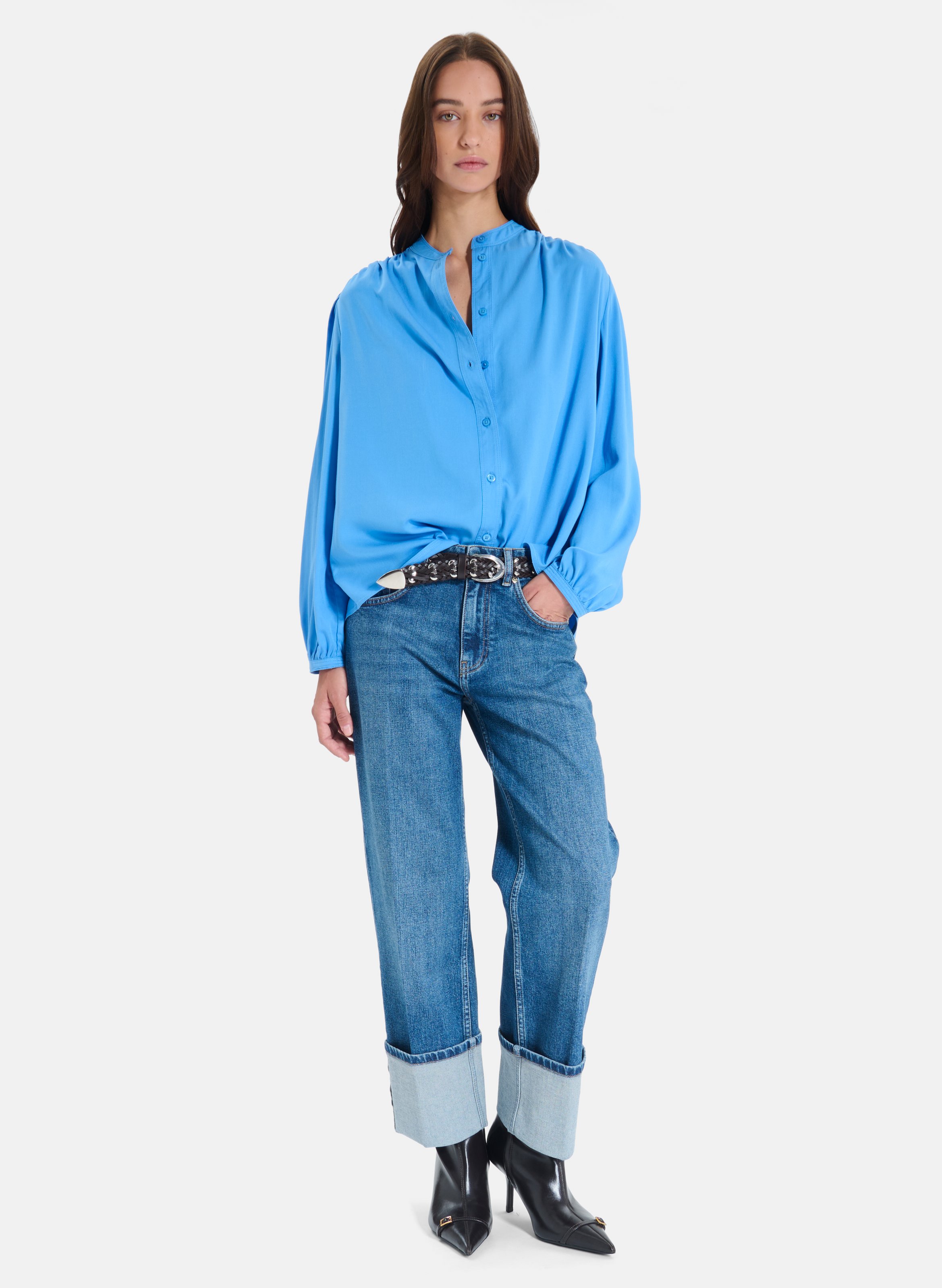 Loose, fluid blouse with a round neck ZAPA Blue