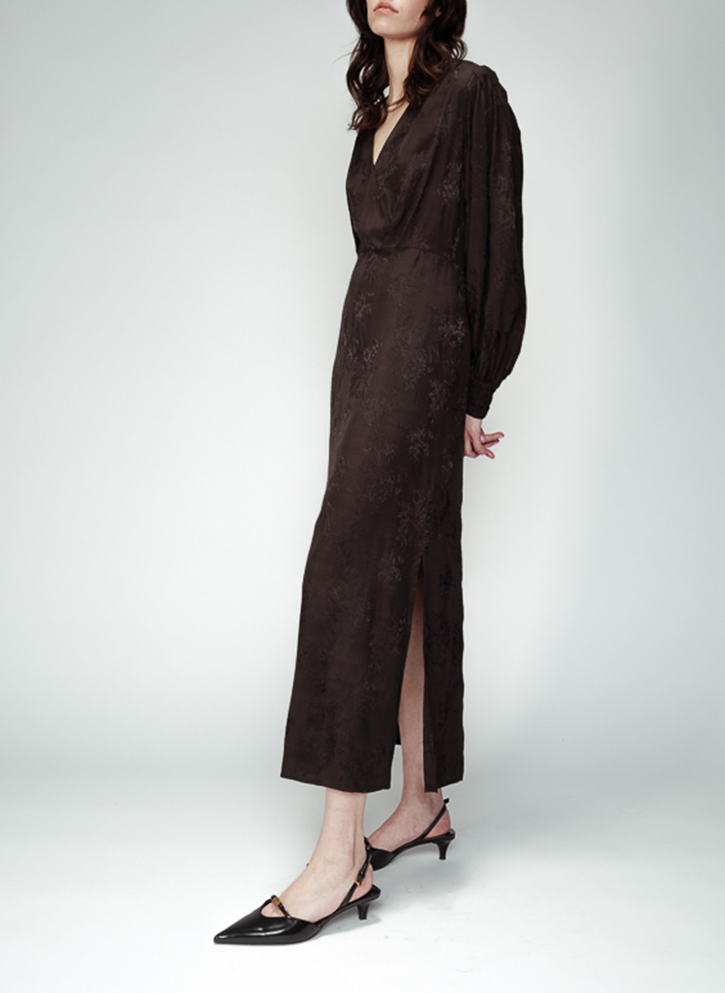 Robe longue col V aspect jacquard GRACE ET MILA Noir