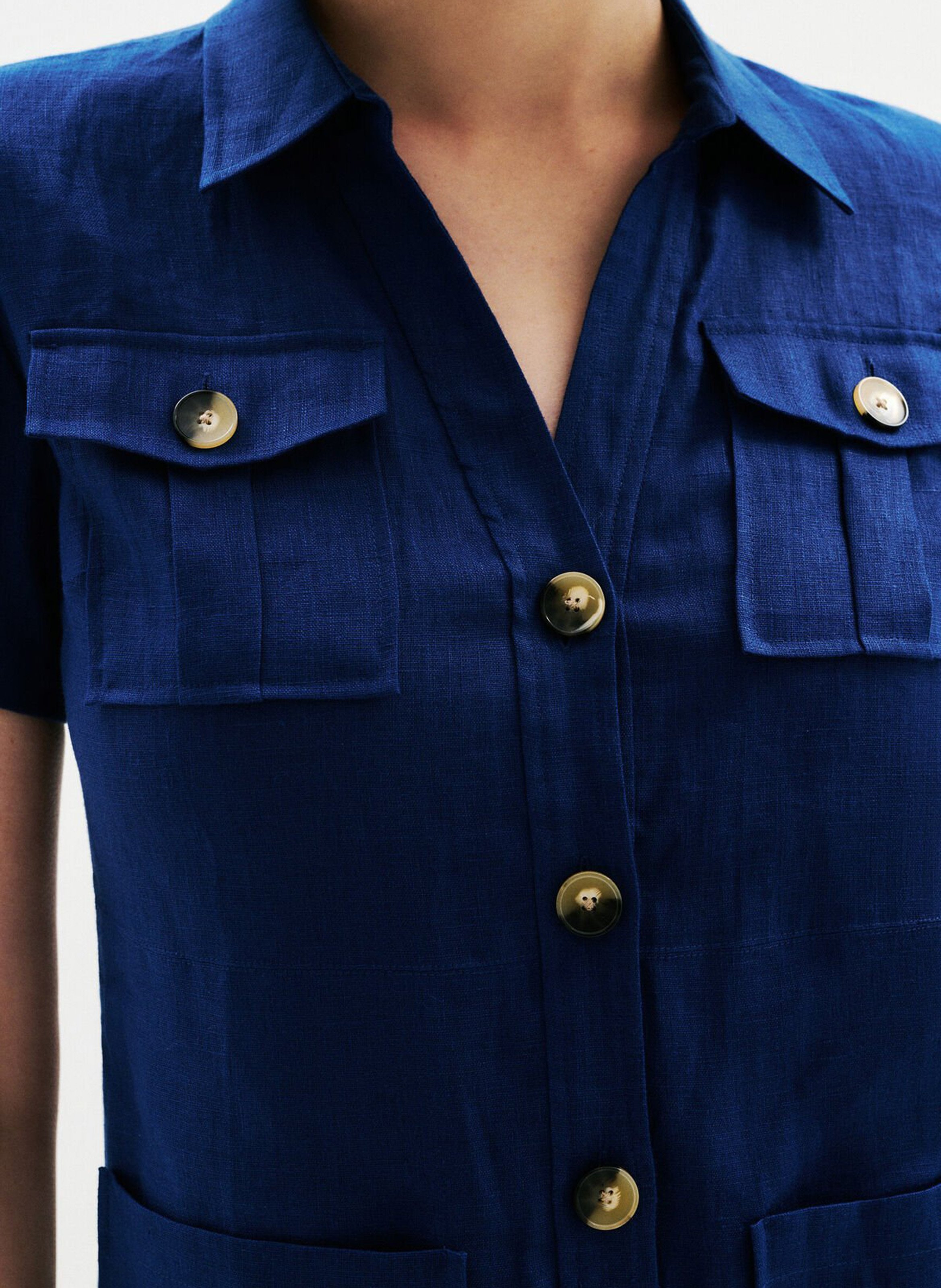 Robe courte droite boutonnée en lin CAROLL Bleu