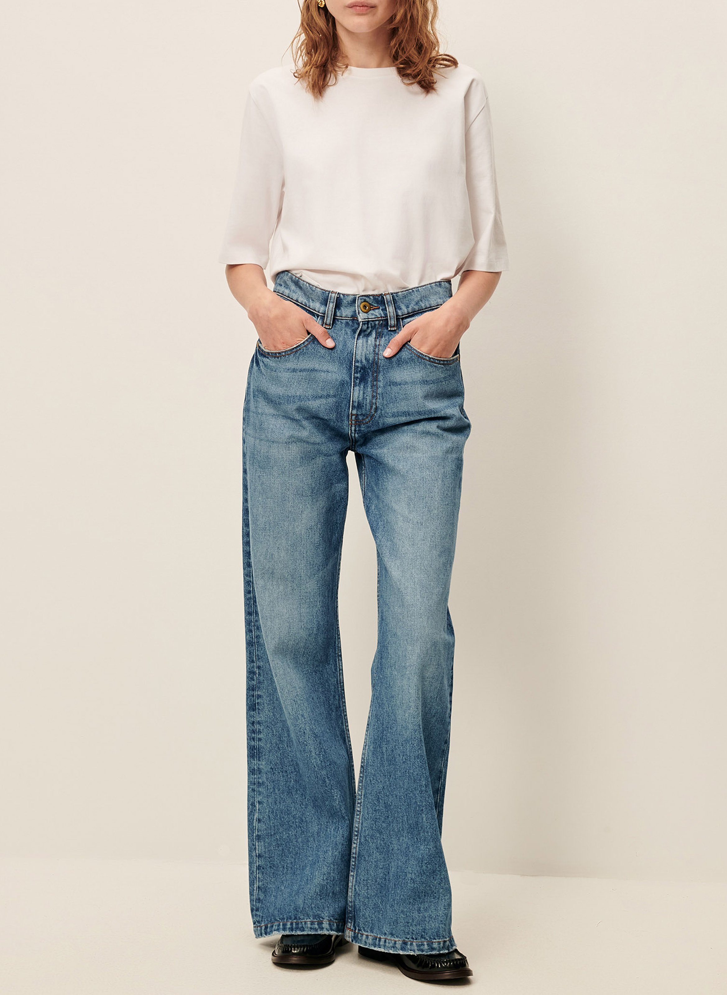 Bootcut stretchjeans met verwassen look   SESSUN Blauw