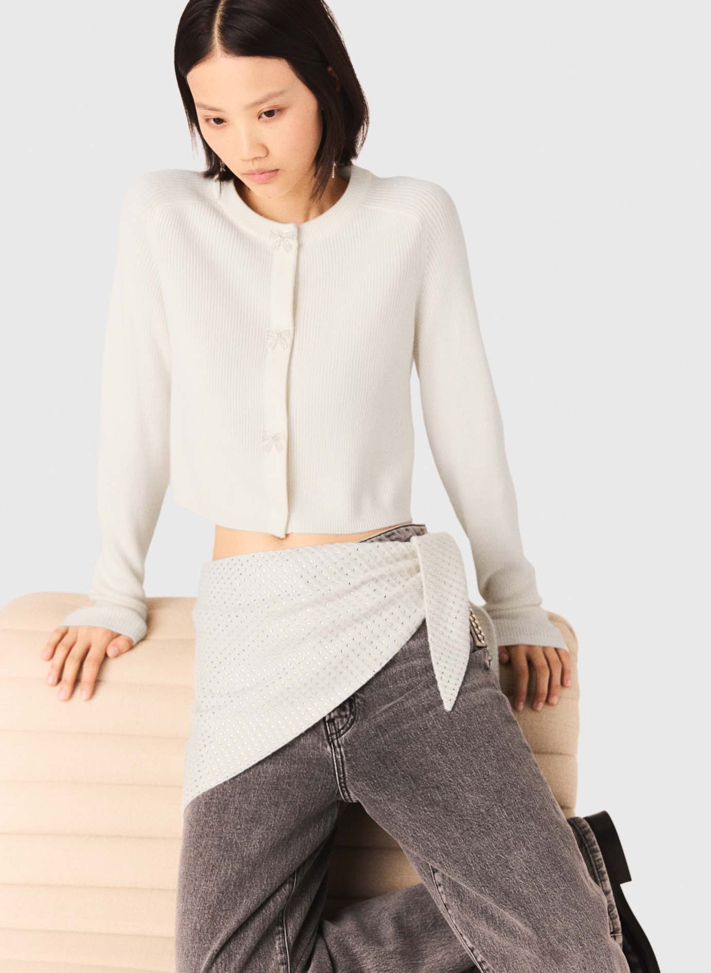 Cárdigan recto cuello redondo de lana MAJE Beige