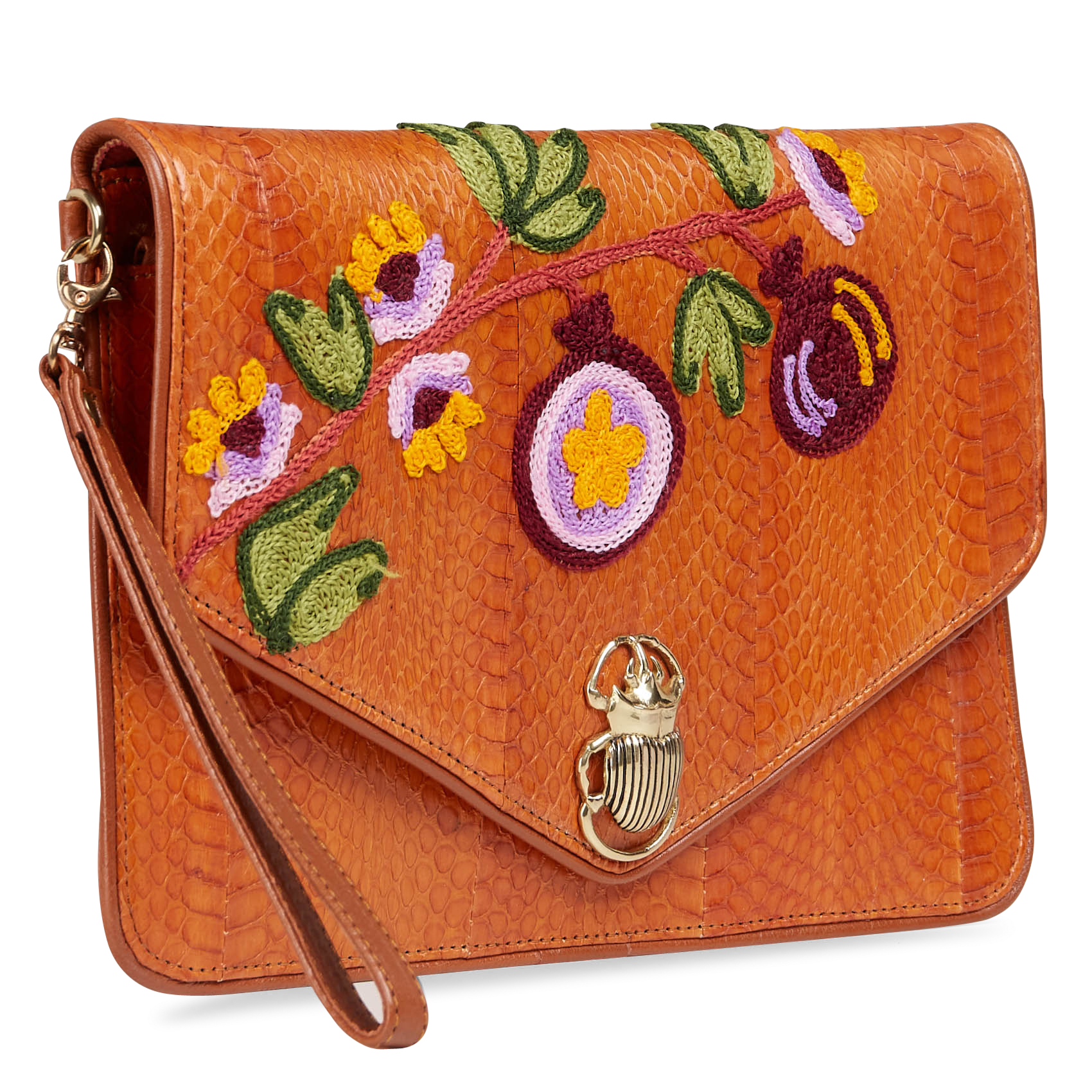 Embroidered python soft clutch CLARIS VIROT Brown