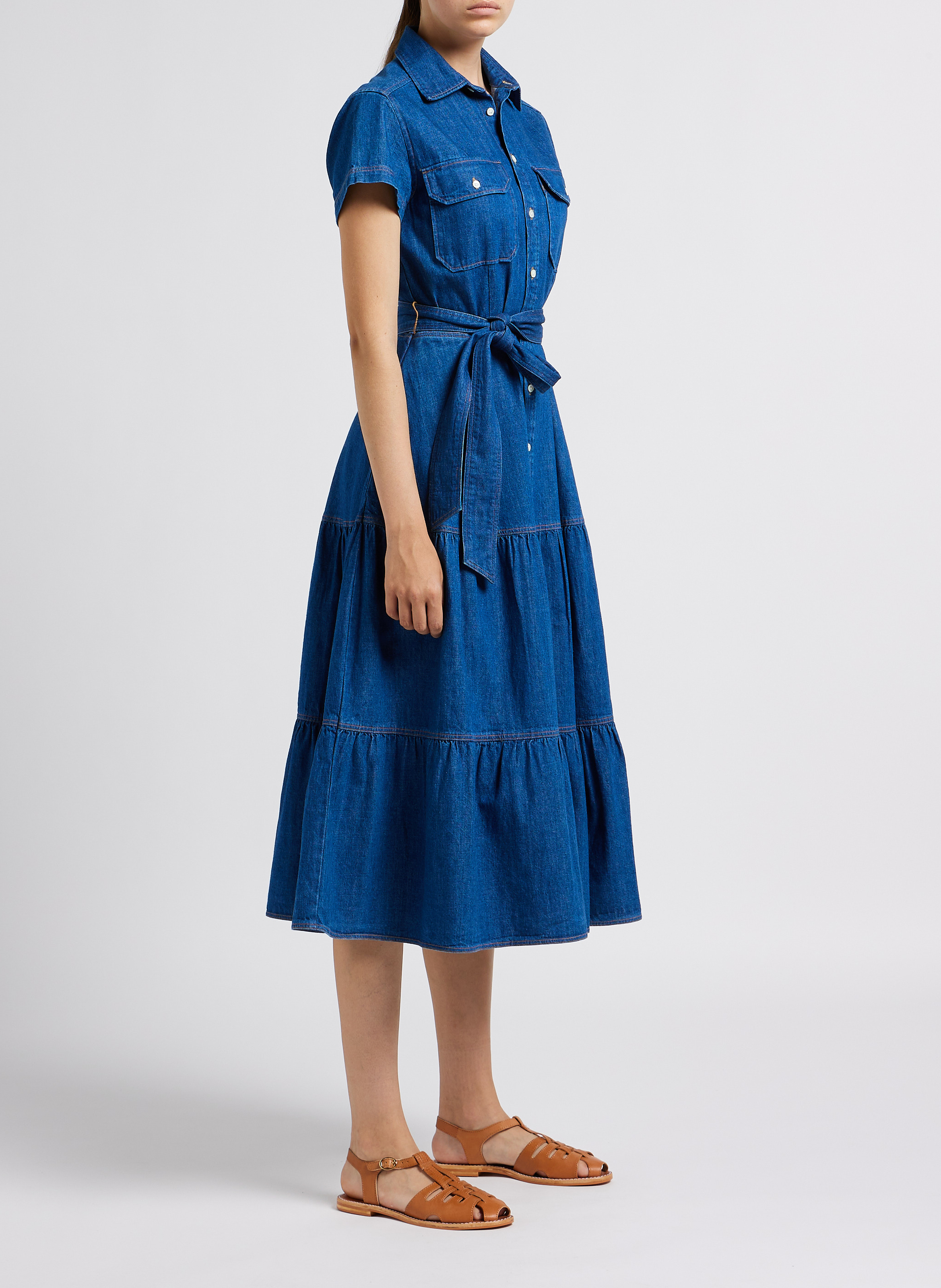 Robe longue col classique cintrée en denim POLO RALPH LAUREN Jean brut