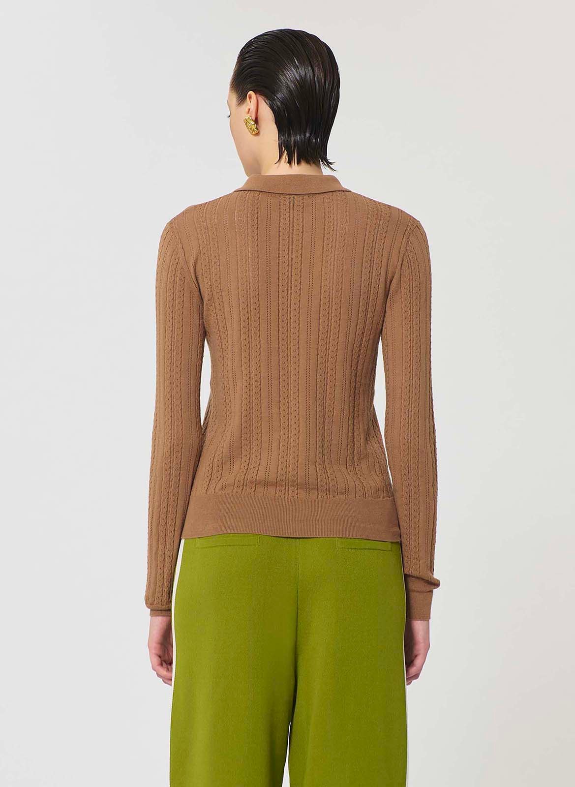 Pull droit col polo en coton et soie TARA JARMON Marron