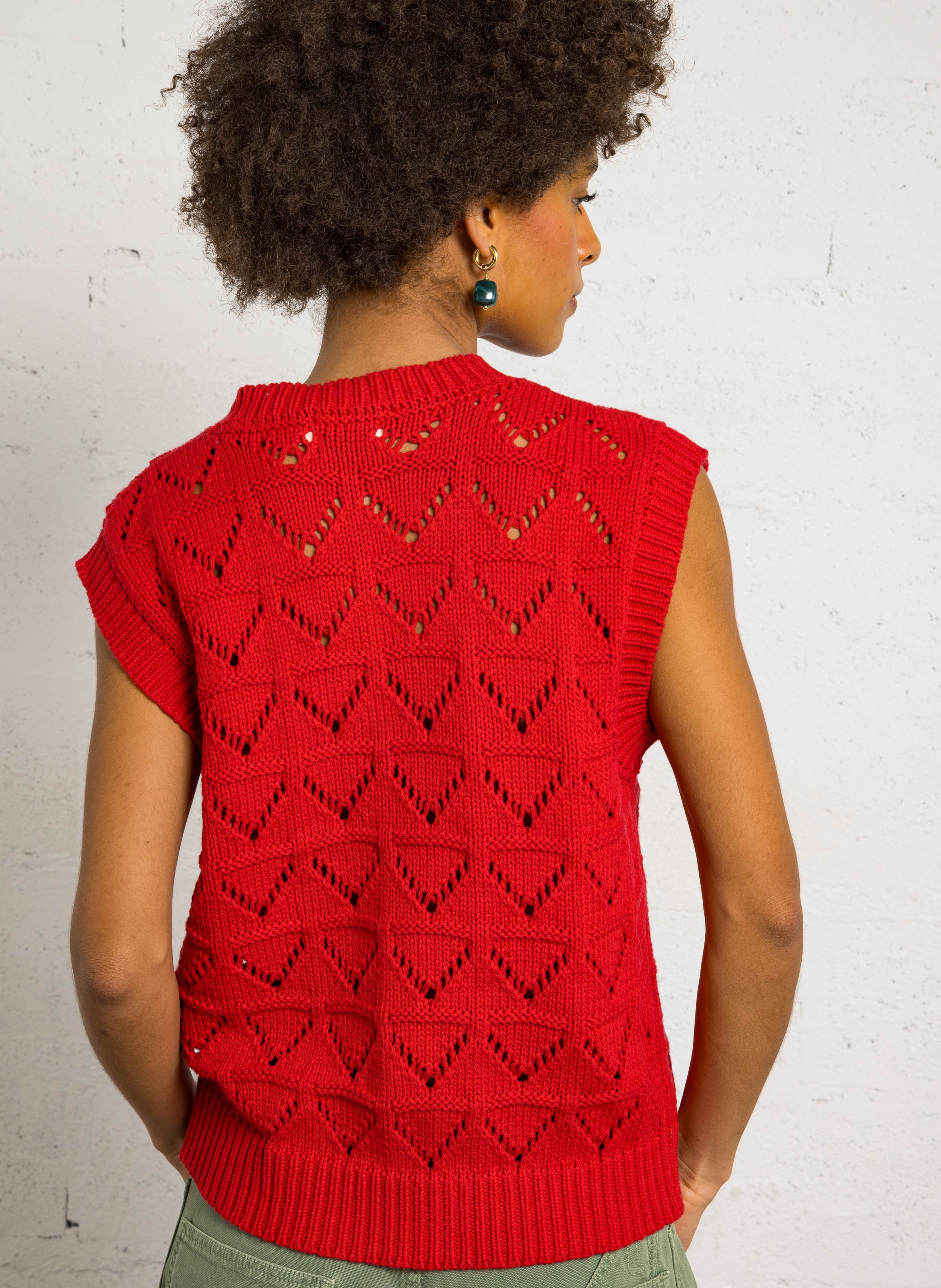 Mouwloze ajourtrui van katoenmix met ronde hals THE KORNER Rood