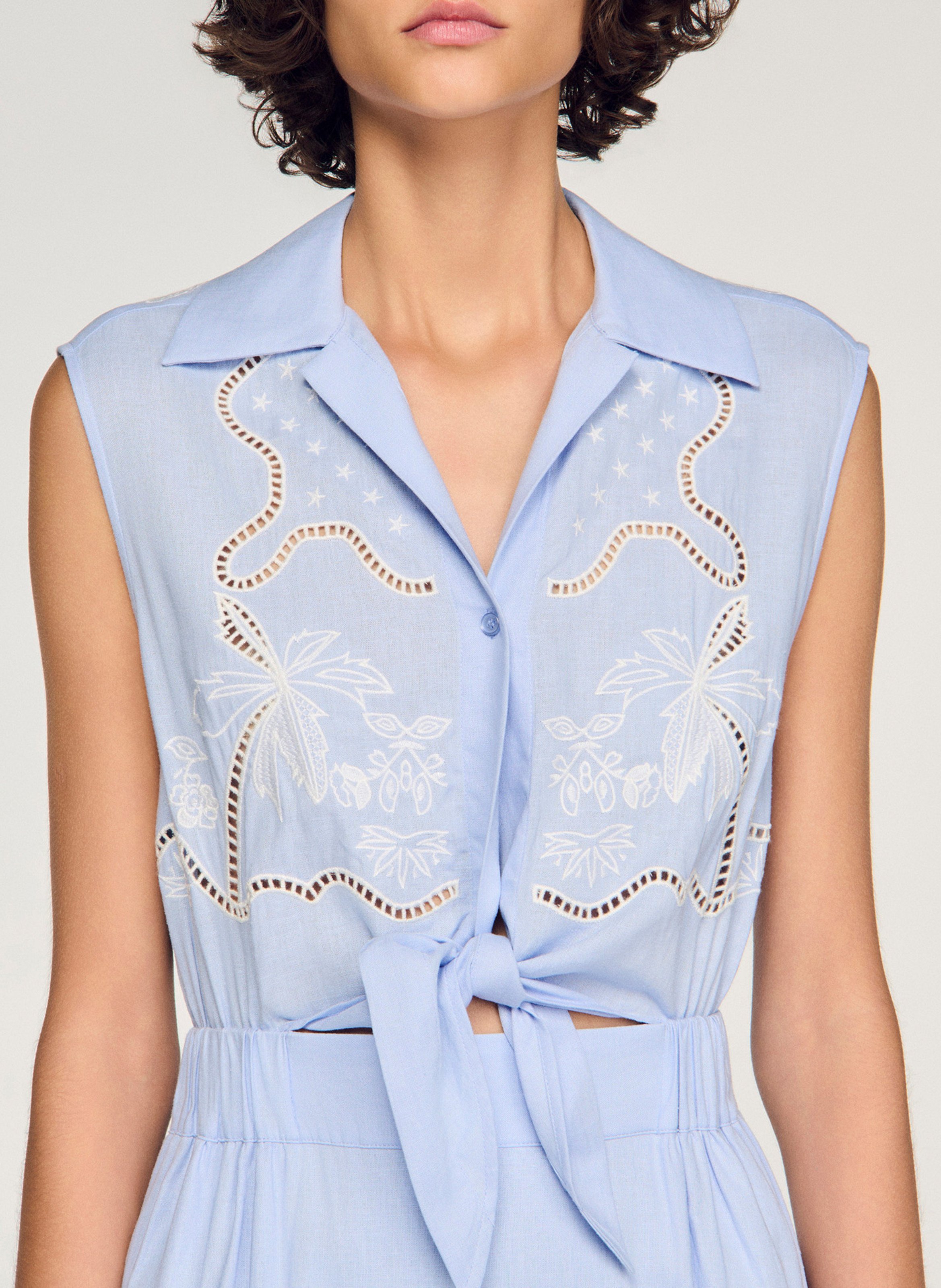 Lange jurk met klassieke kraag in gemengd linnen SANDRO Blauw