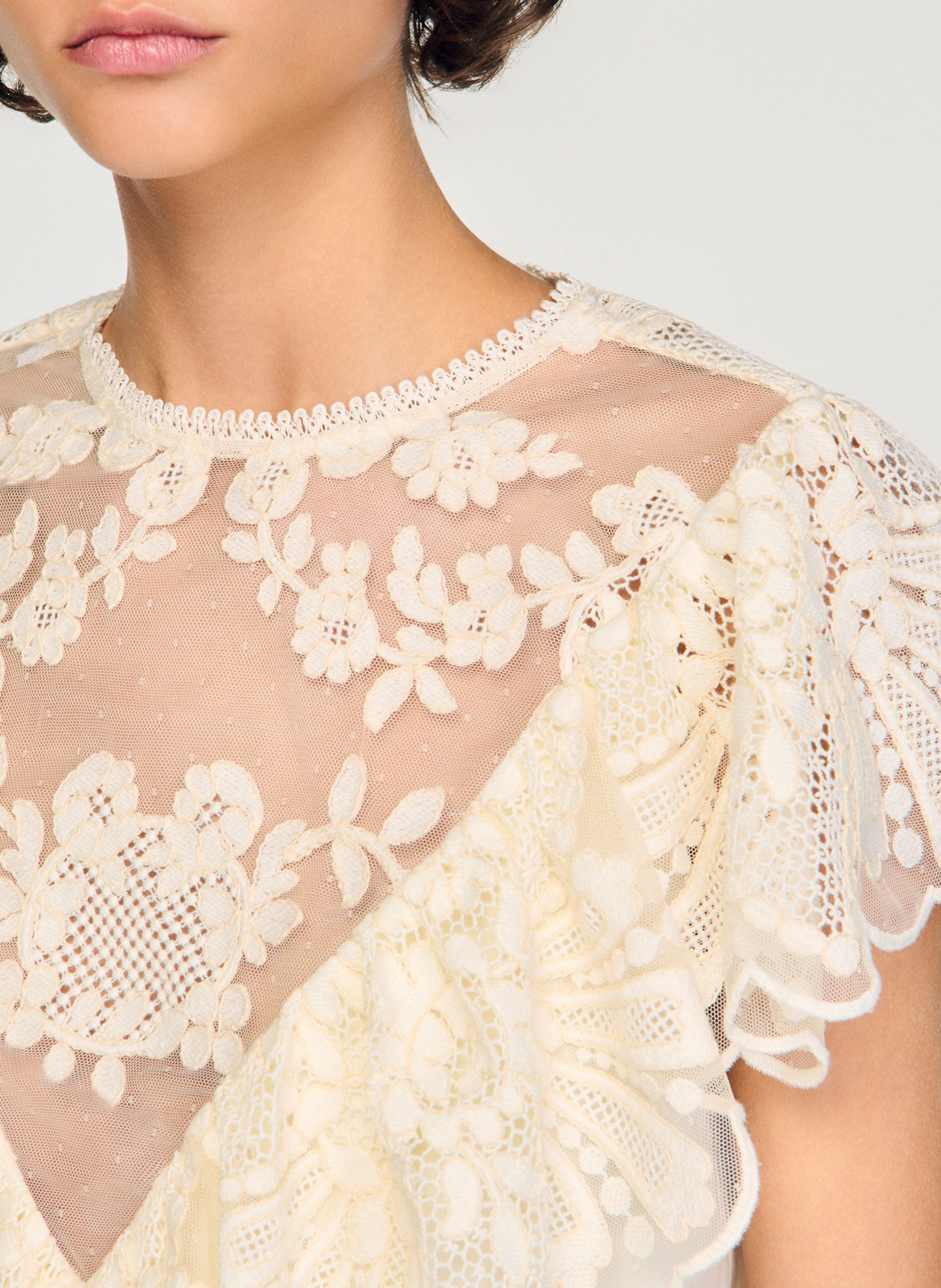 Kanten bloementop met korte mouwen SANDRO Beige