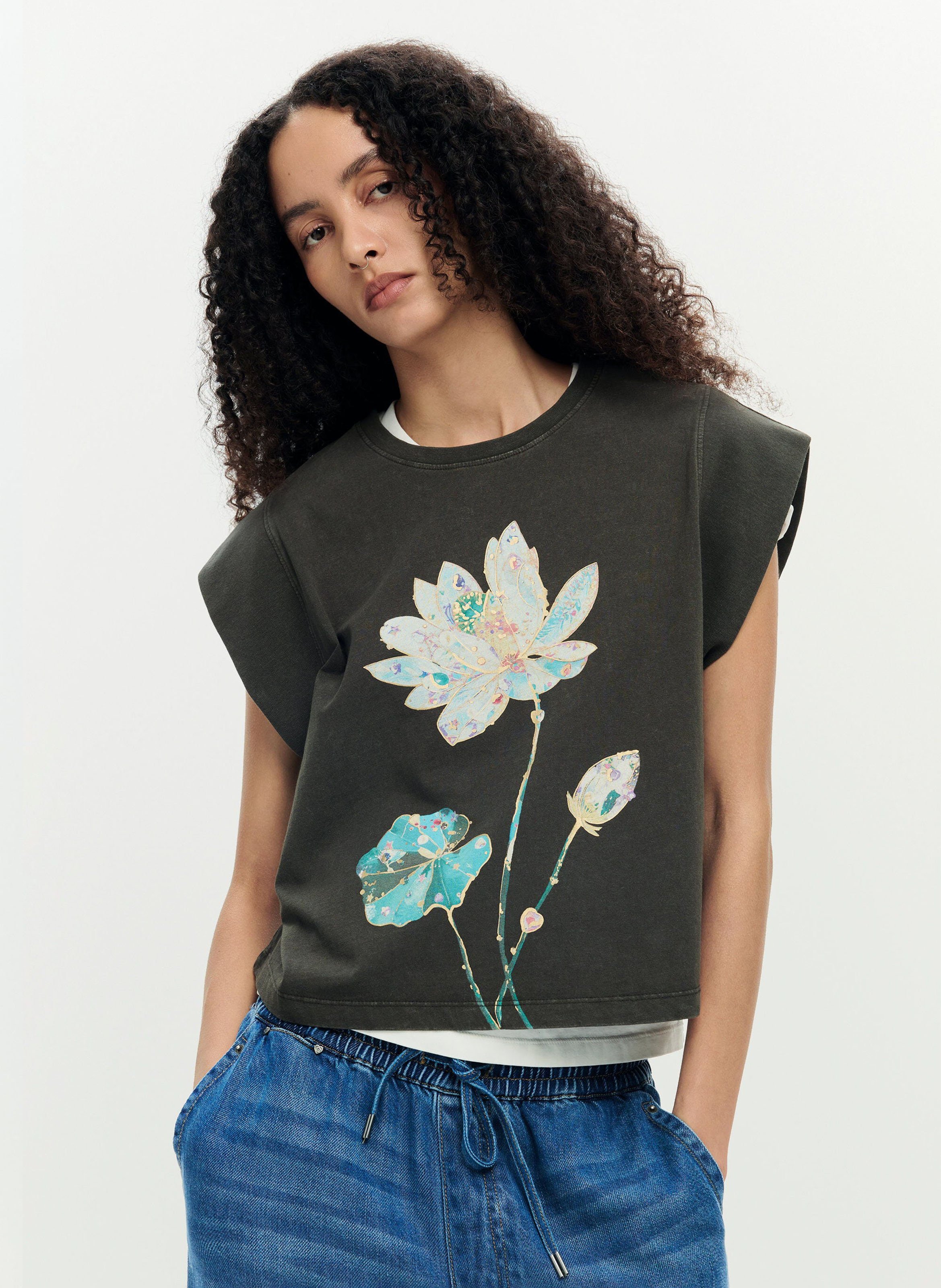 Tee-shirt col rond en coton mélangé DESIGUAL Noir