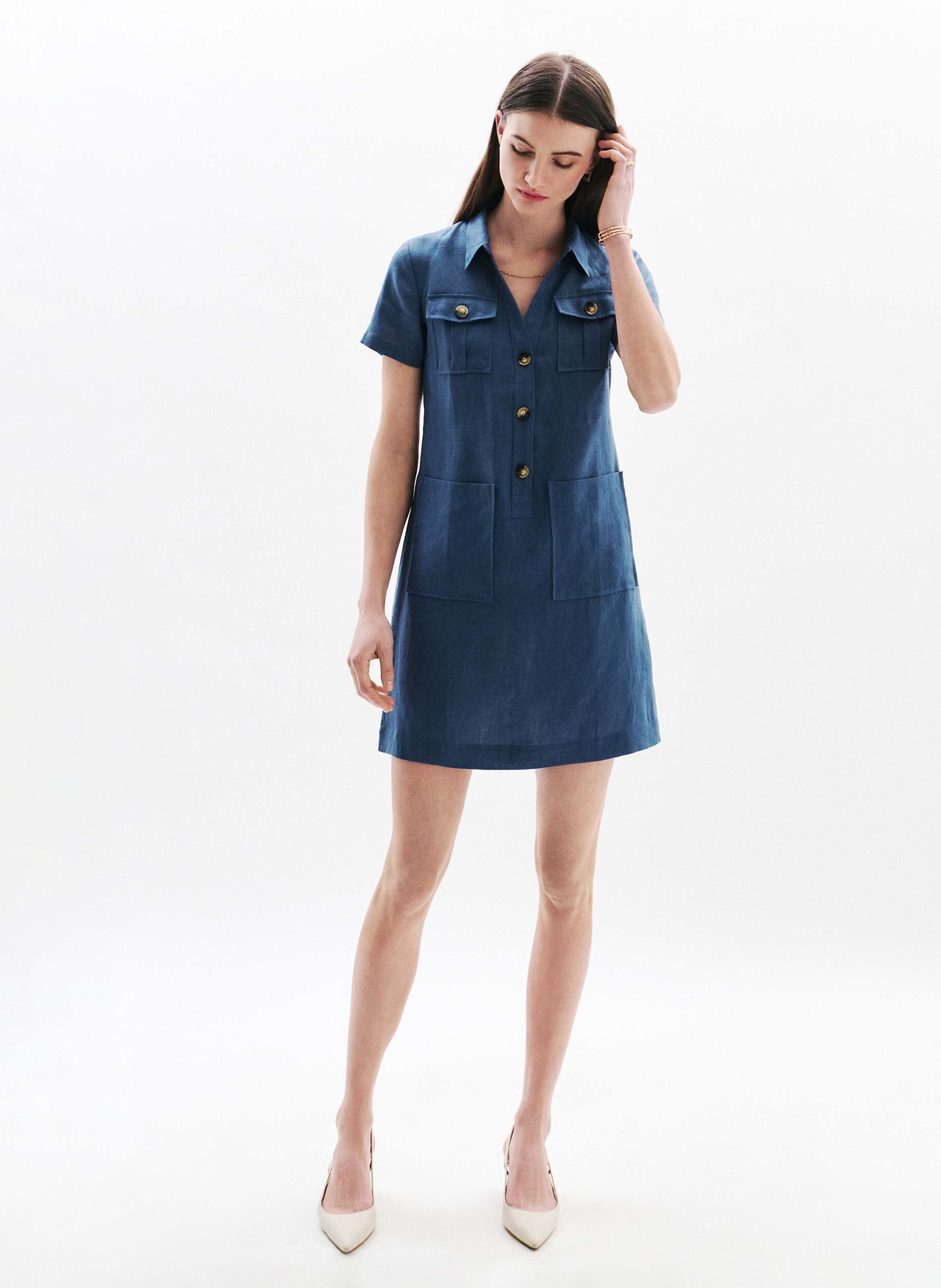 Short linen dress with classic collar CAROLL Blue