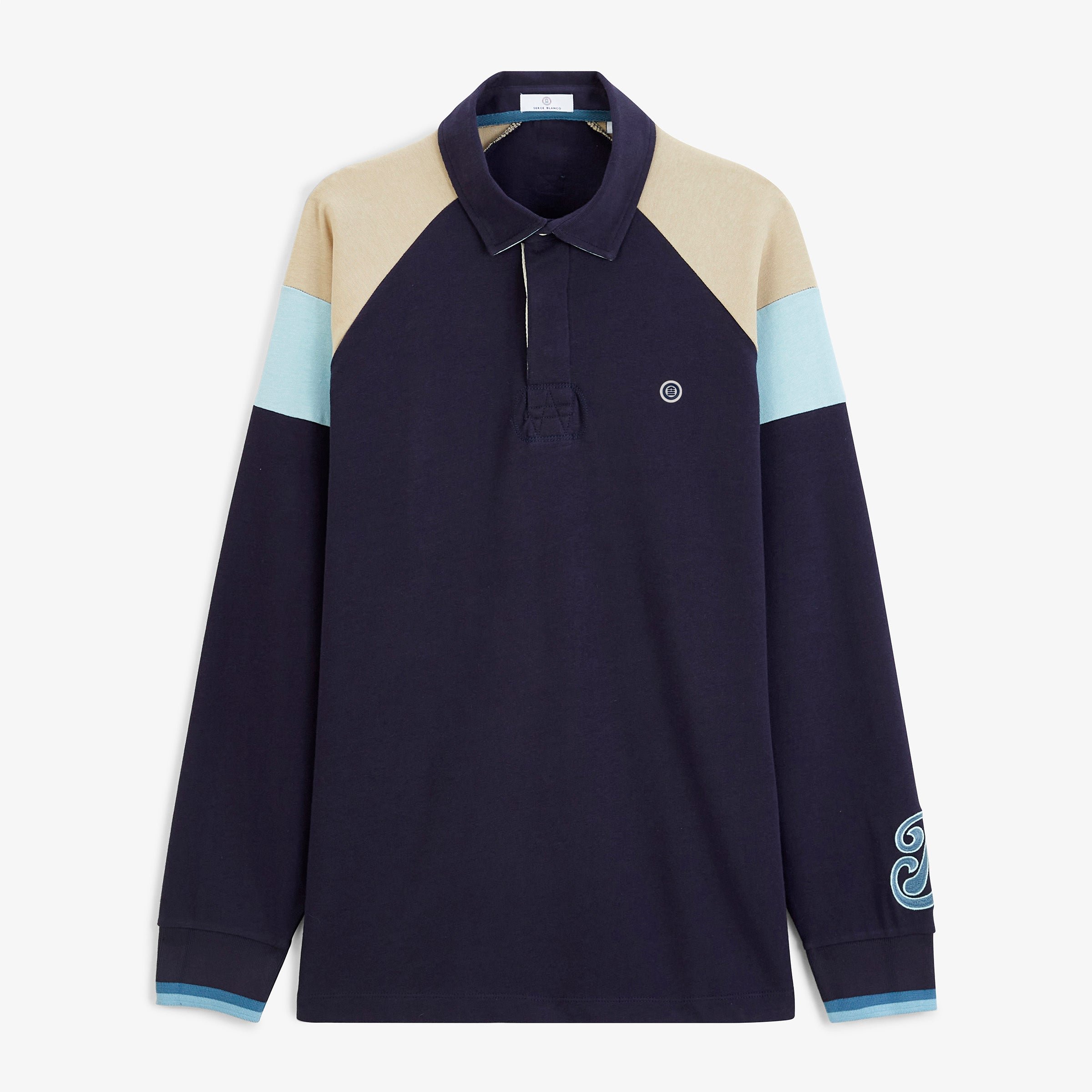 Navy blue tricolor long-sleeve raglan rugby polo SERGE BLANCO Blue