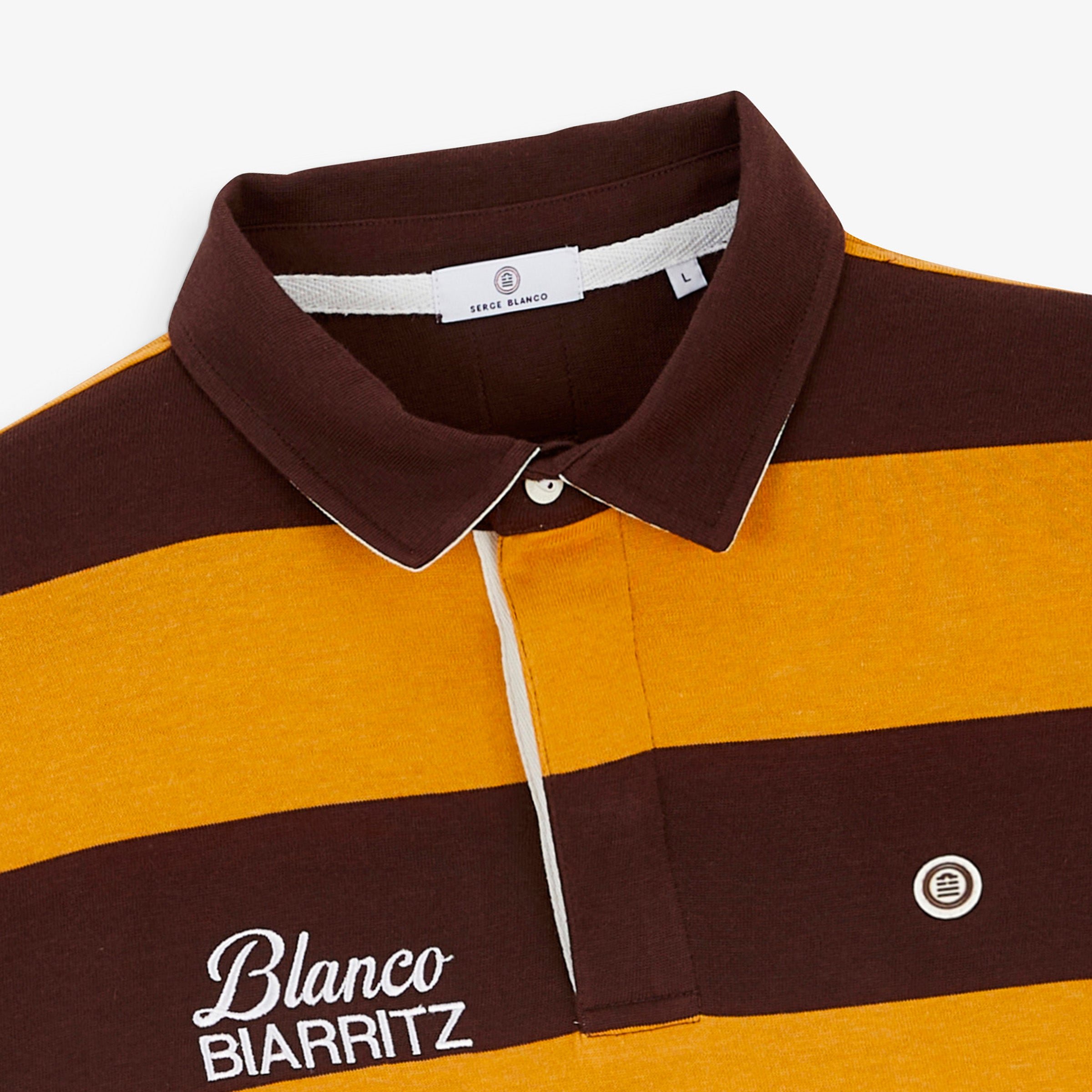 Brownie brown striped long-sleeved rugby polo shirt with BLANCO BIARRITZ embroidery SERGE BLANCO Brown