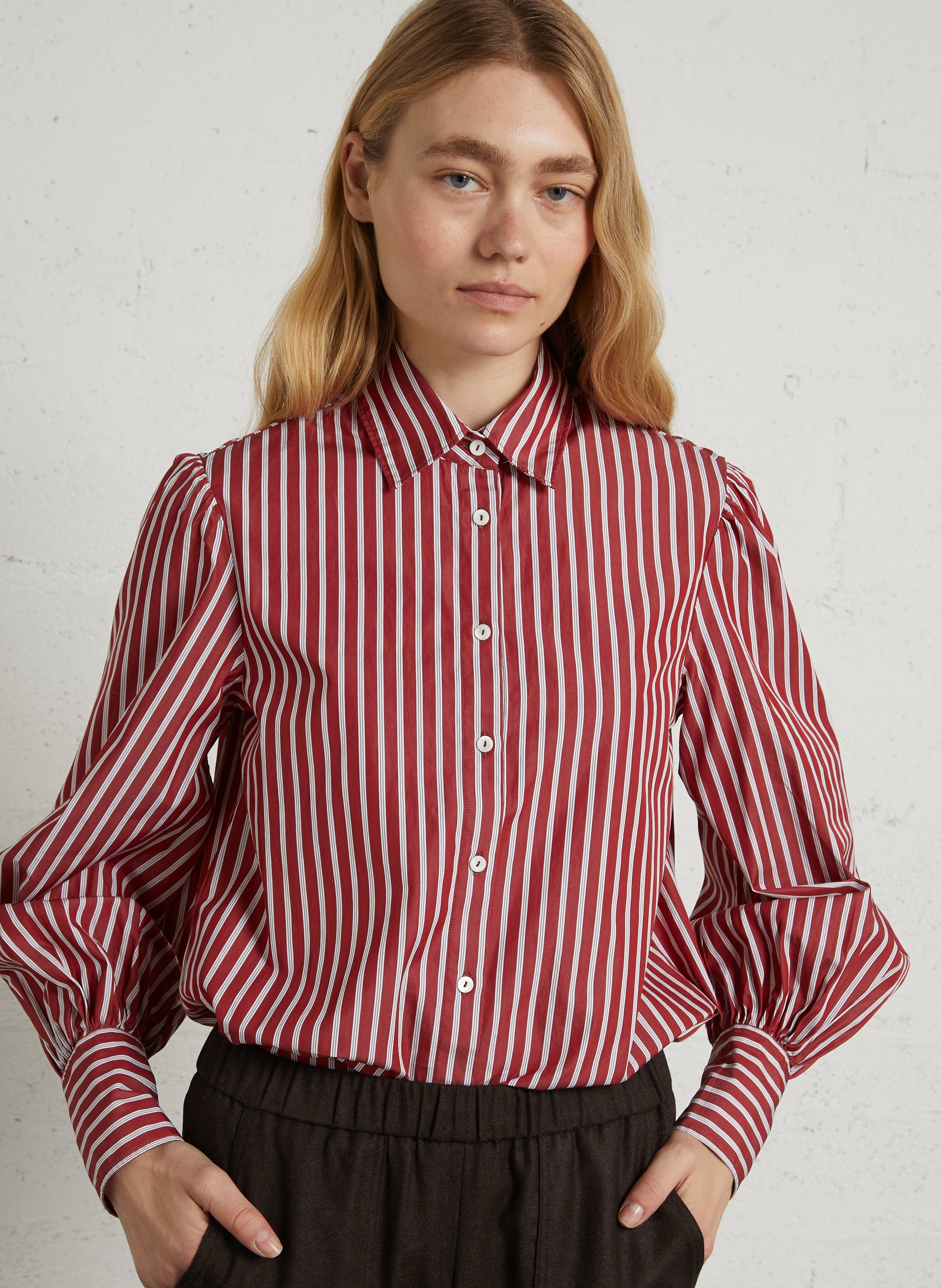 Striped straight cotton shirt with classic collar DIEGA Red