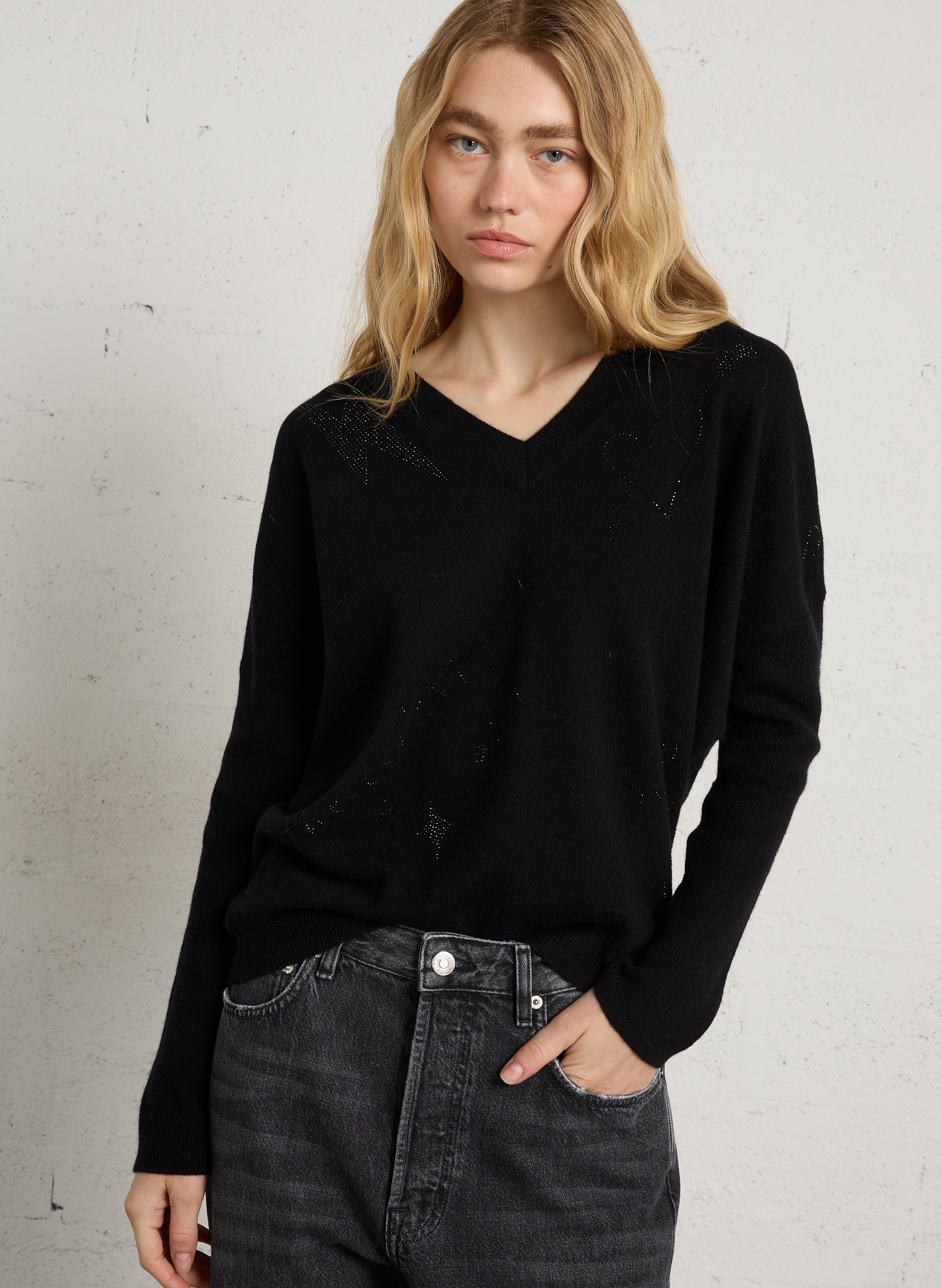 Loose-fit wool V-neck sweater with rhinestones BERENICE Black