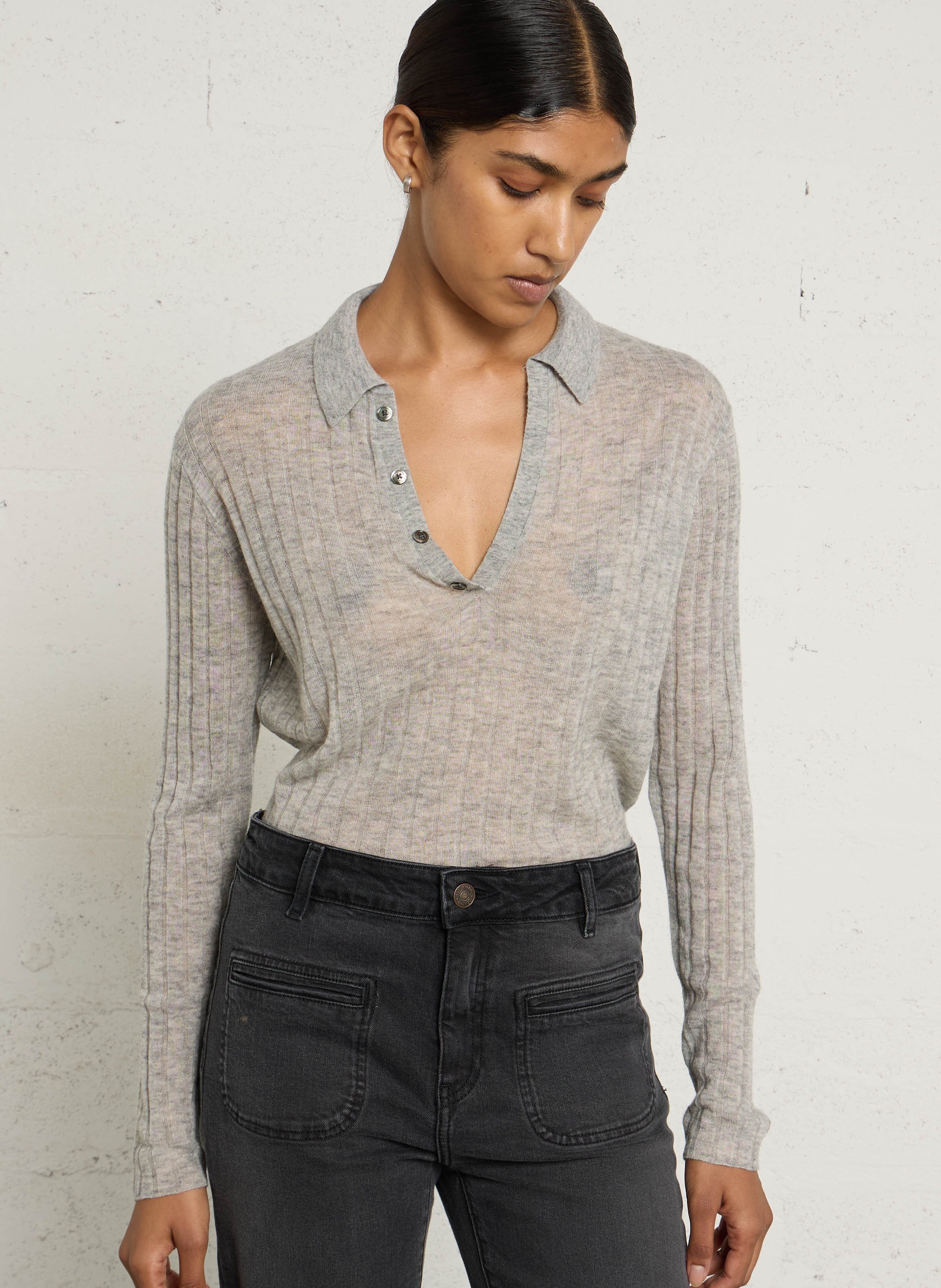 Pull col V en laine mélangée IKKS Gris