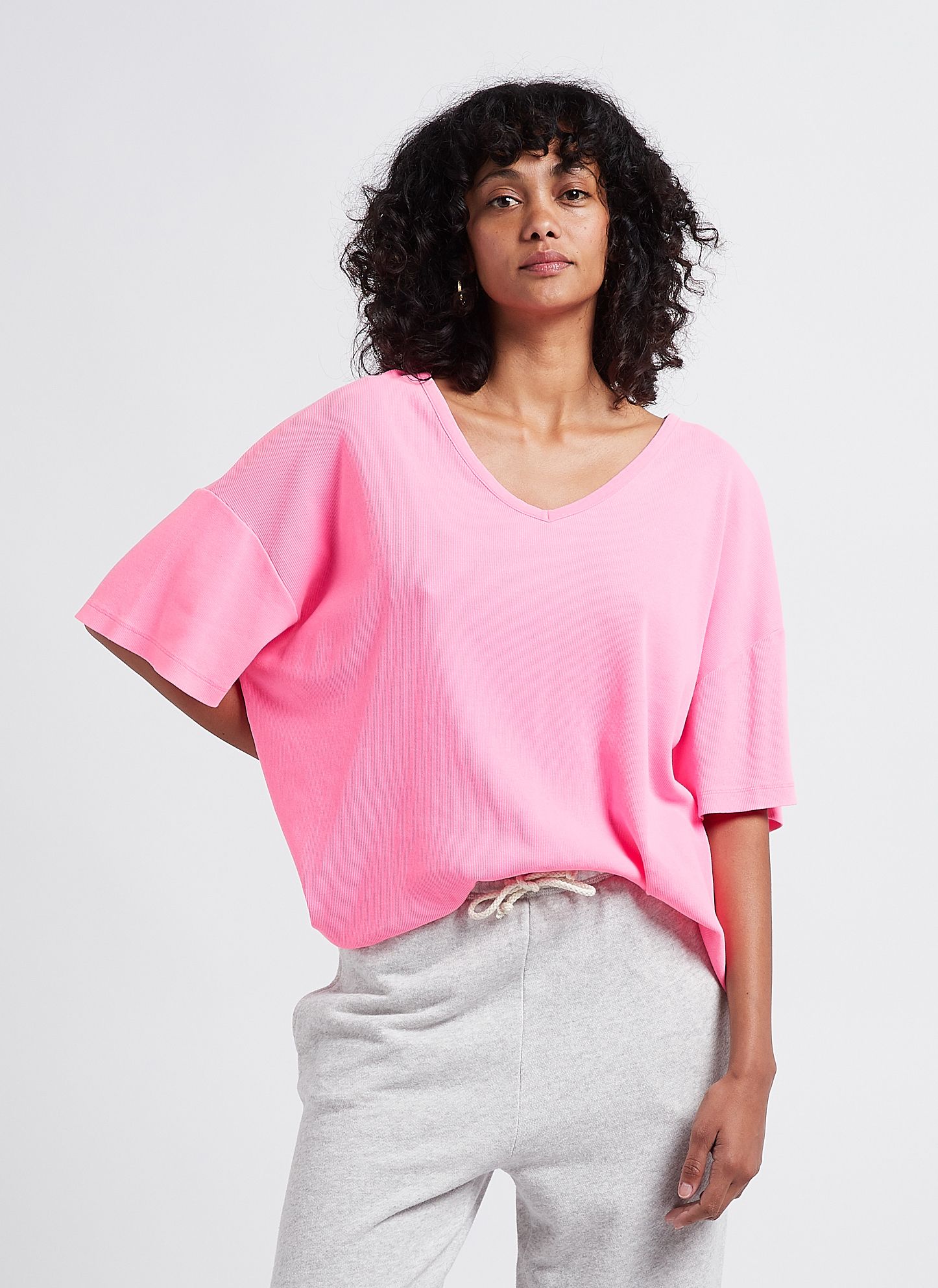 Pink V neck cotton blend T shirt