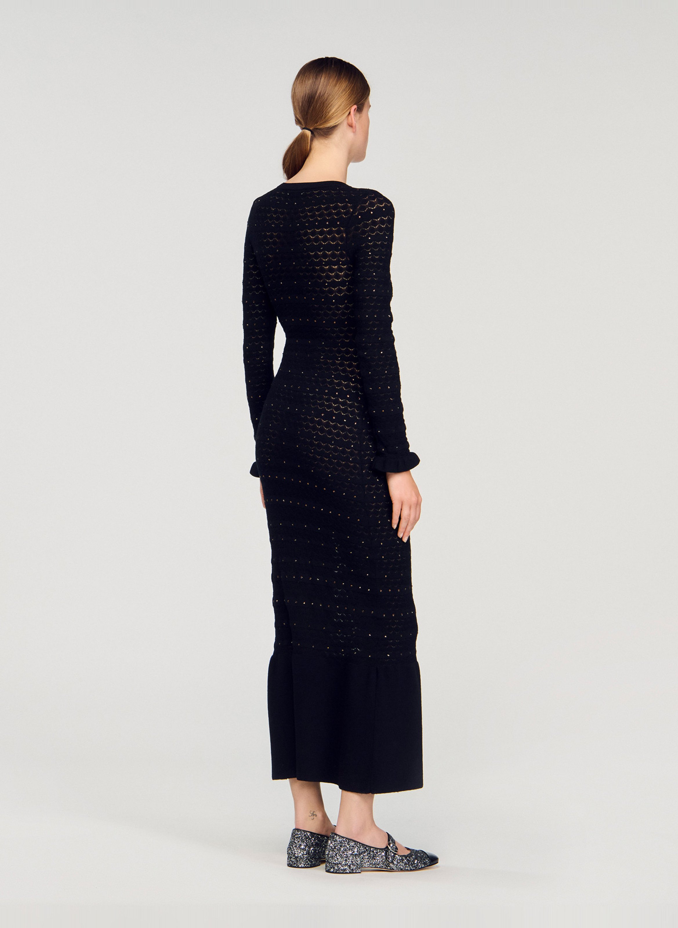 Robe longue col rond en maille strassée SANDRO Noir
