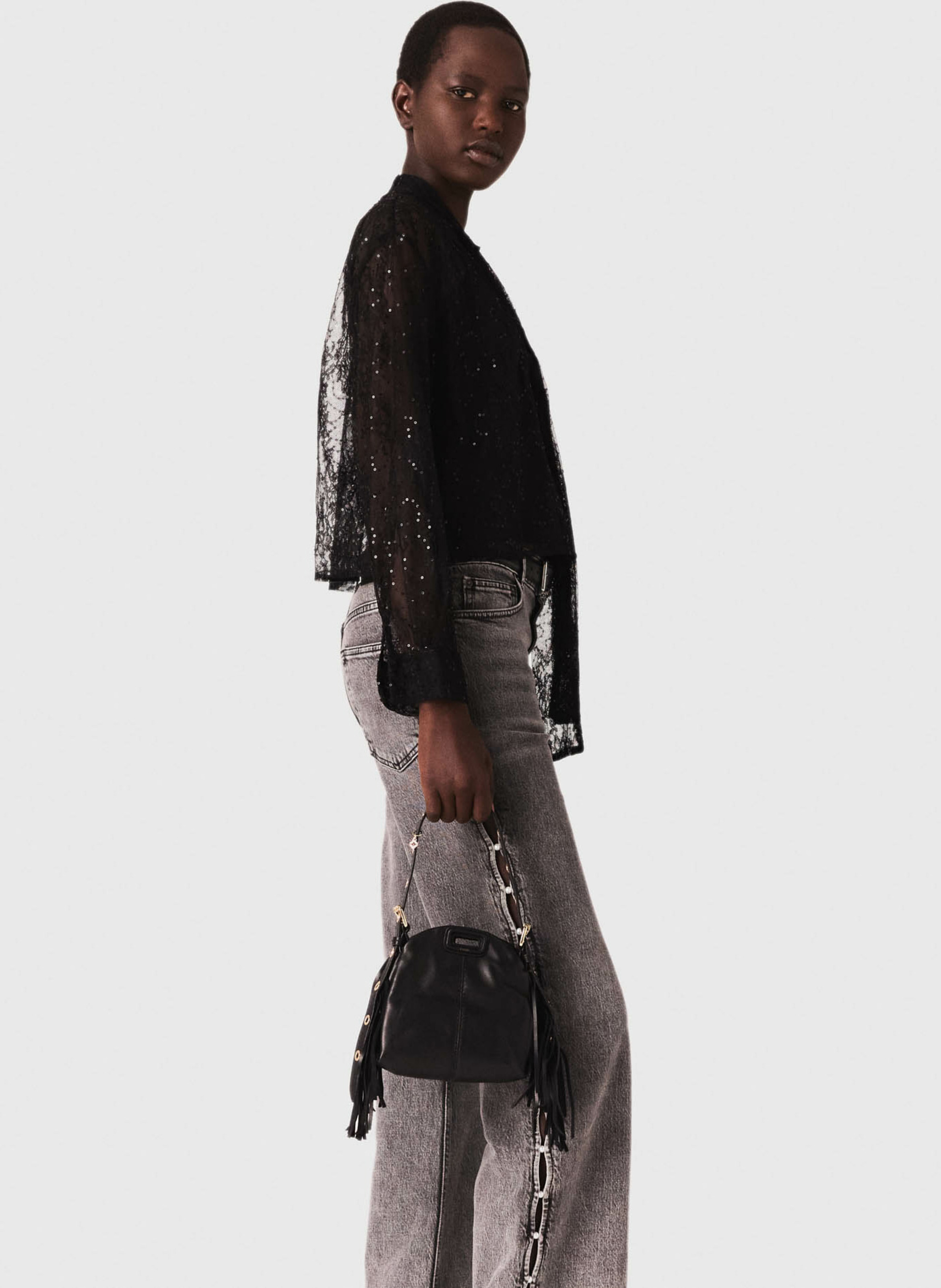 Chemise droite col lavallière à dentelle MAJE Noir