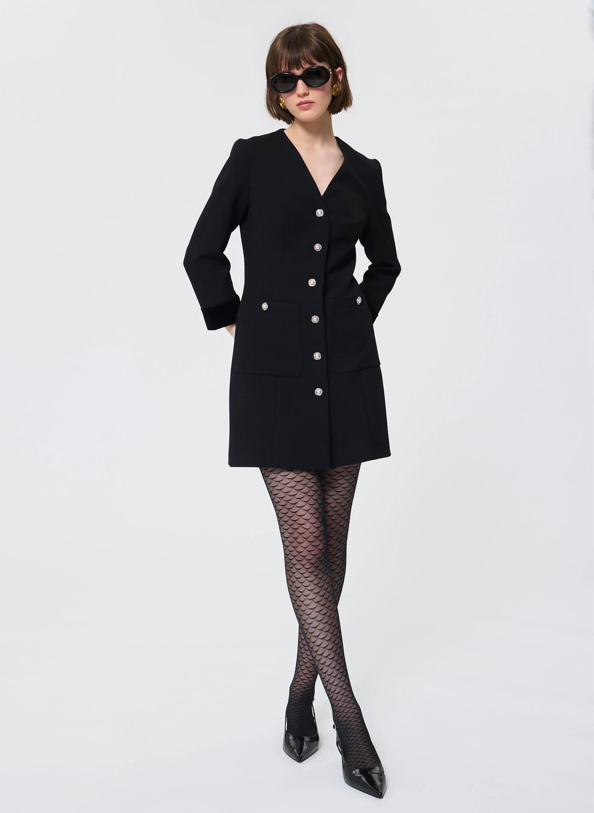 Fitted short dress with V-neck solid color TARA JARMON Black