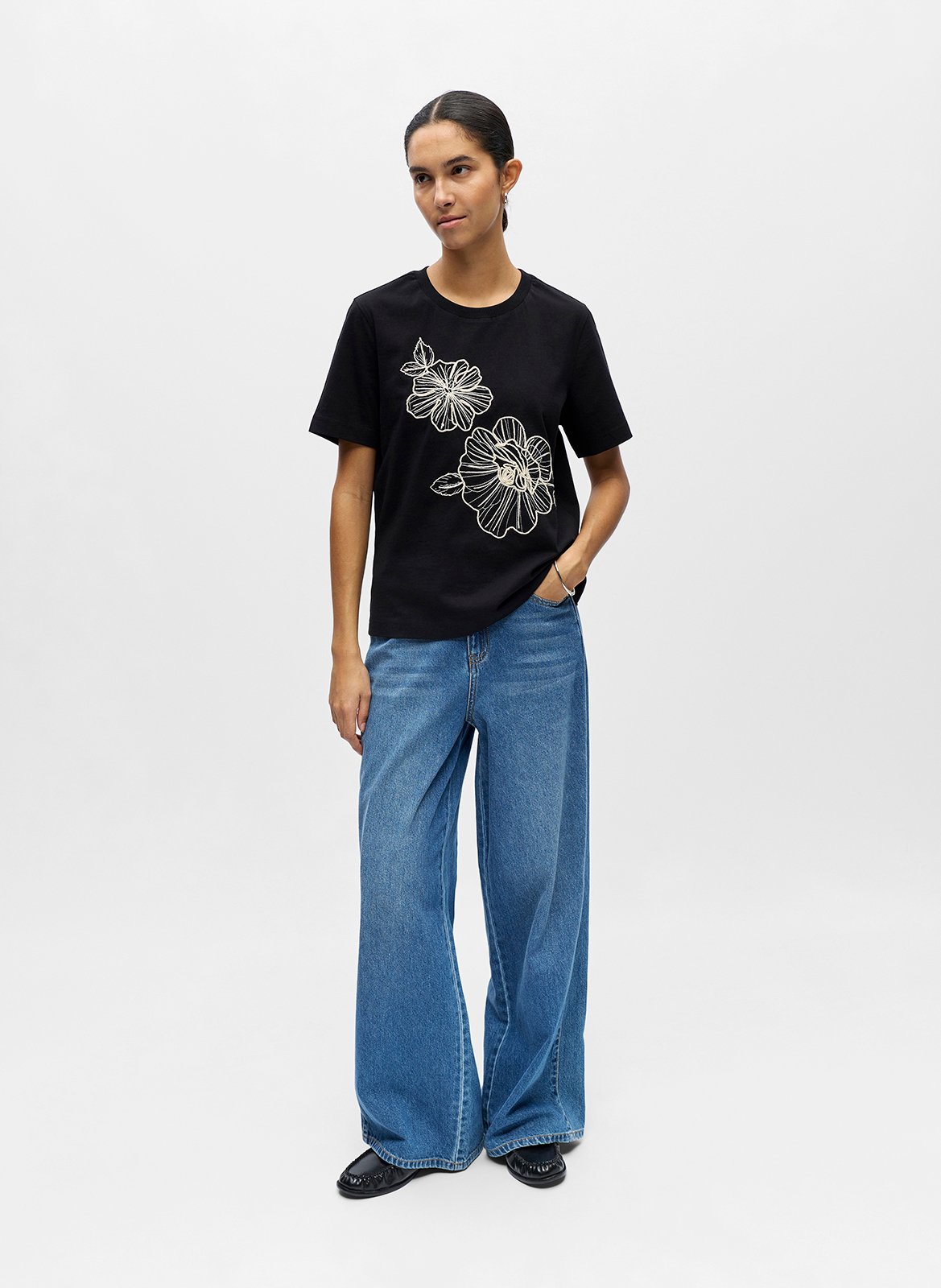 Tee-shirt brodé en coton col rond  OBJECT Noir