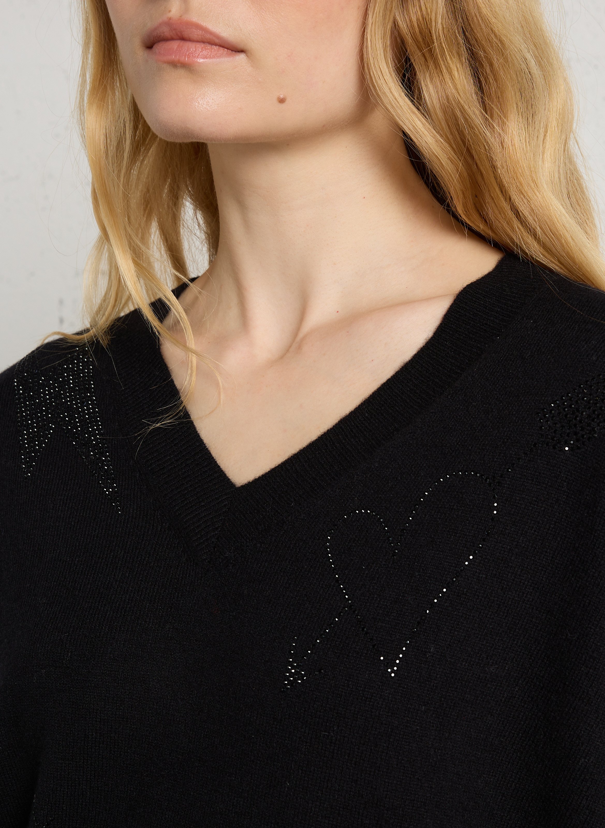 Loose-fit wool V-neck sweater with rhinestones BERENICE Black