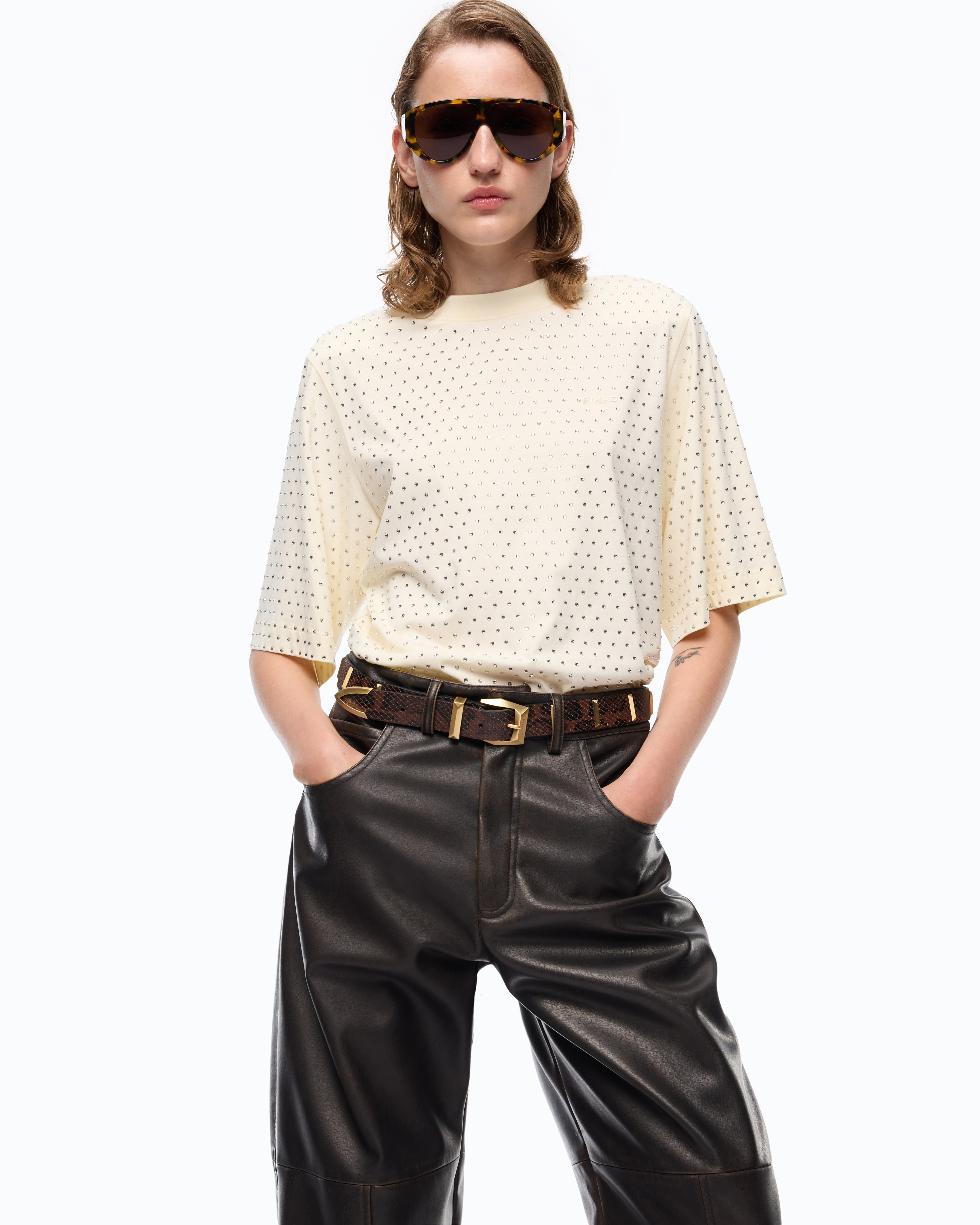 T-shirt à strass et logo PINKO Jaune