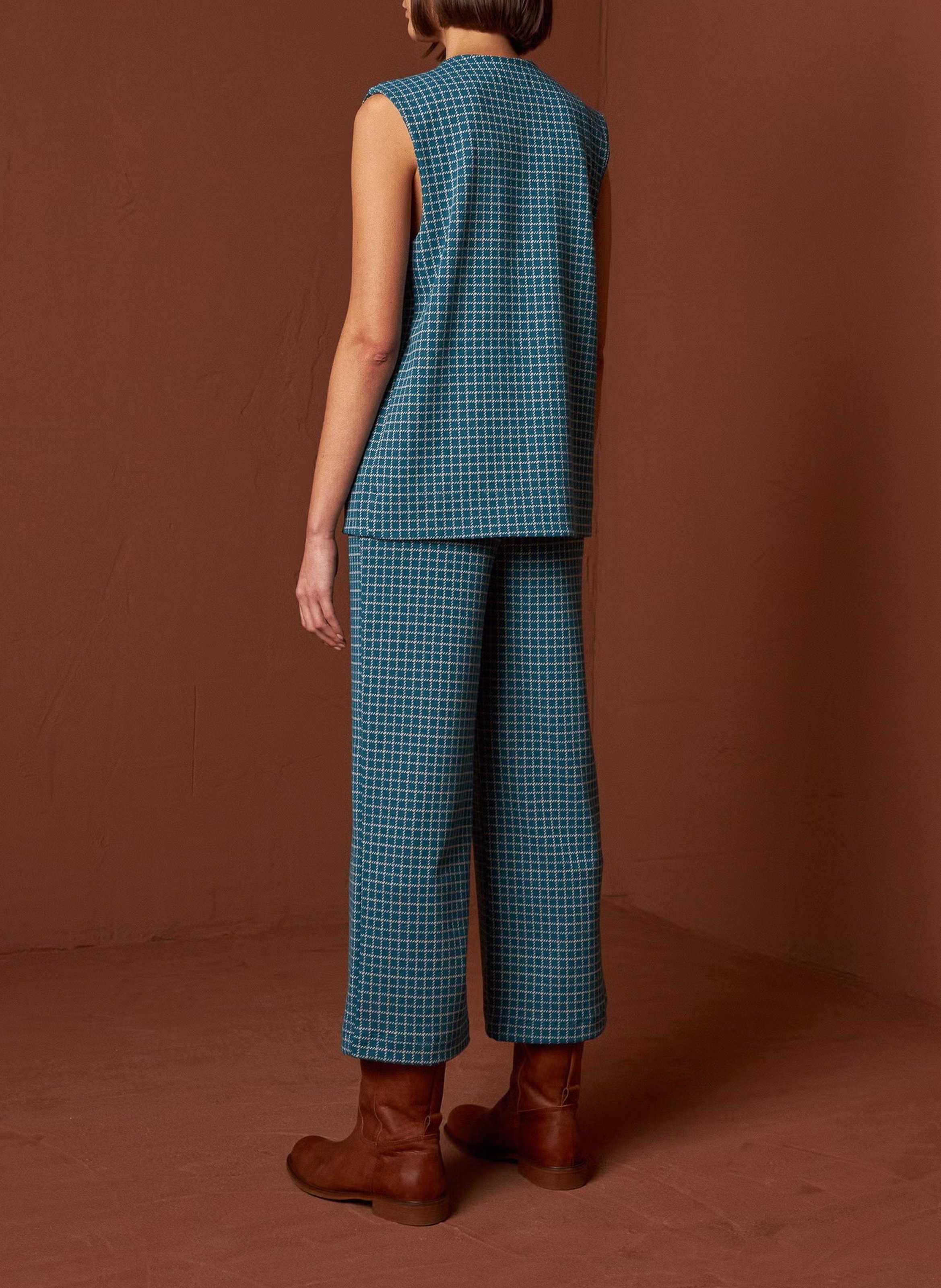 Gilet col V à carreaux INDI & COLD Bleu