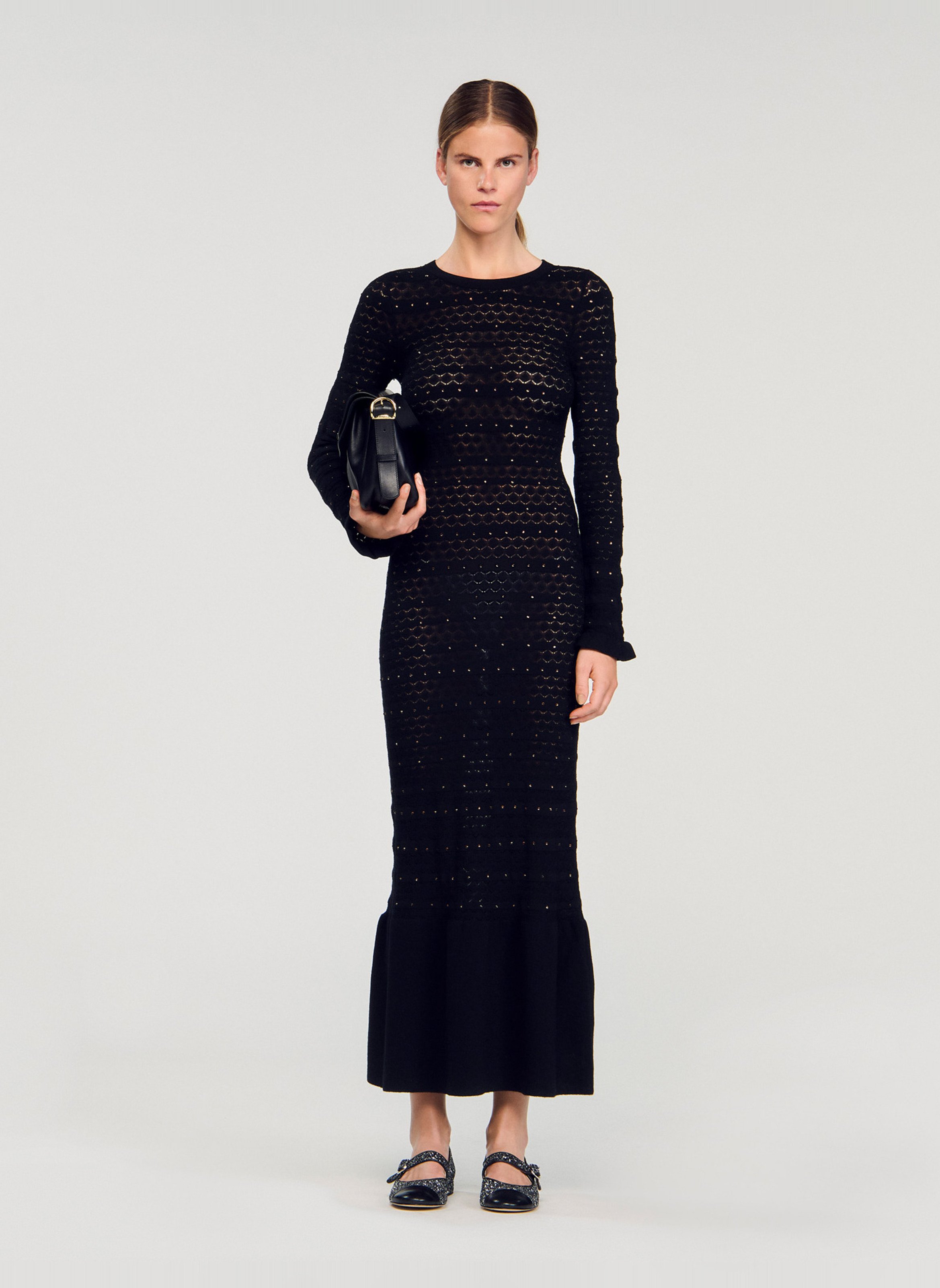 Robe longue col rond en maille strassée SANDRO Noir